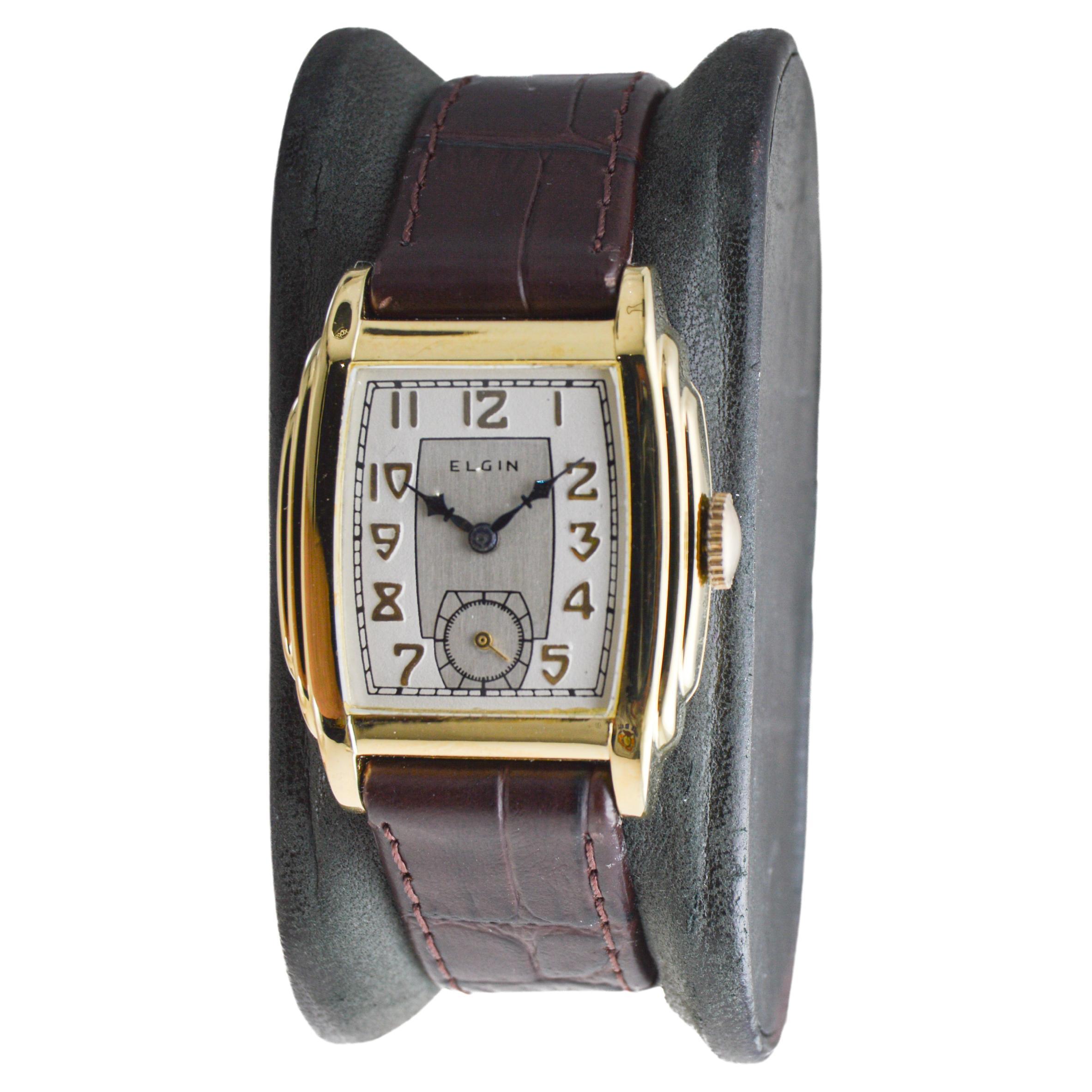 Elgin Yellow Gold Filled Tonneau Shape Watch Circa 1931 with Original Dial In Excellent Condition In Long Beach, CA