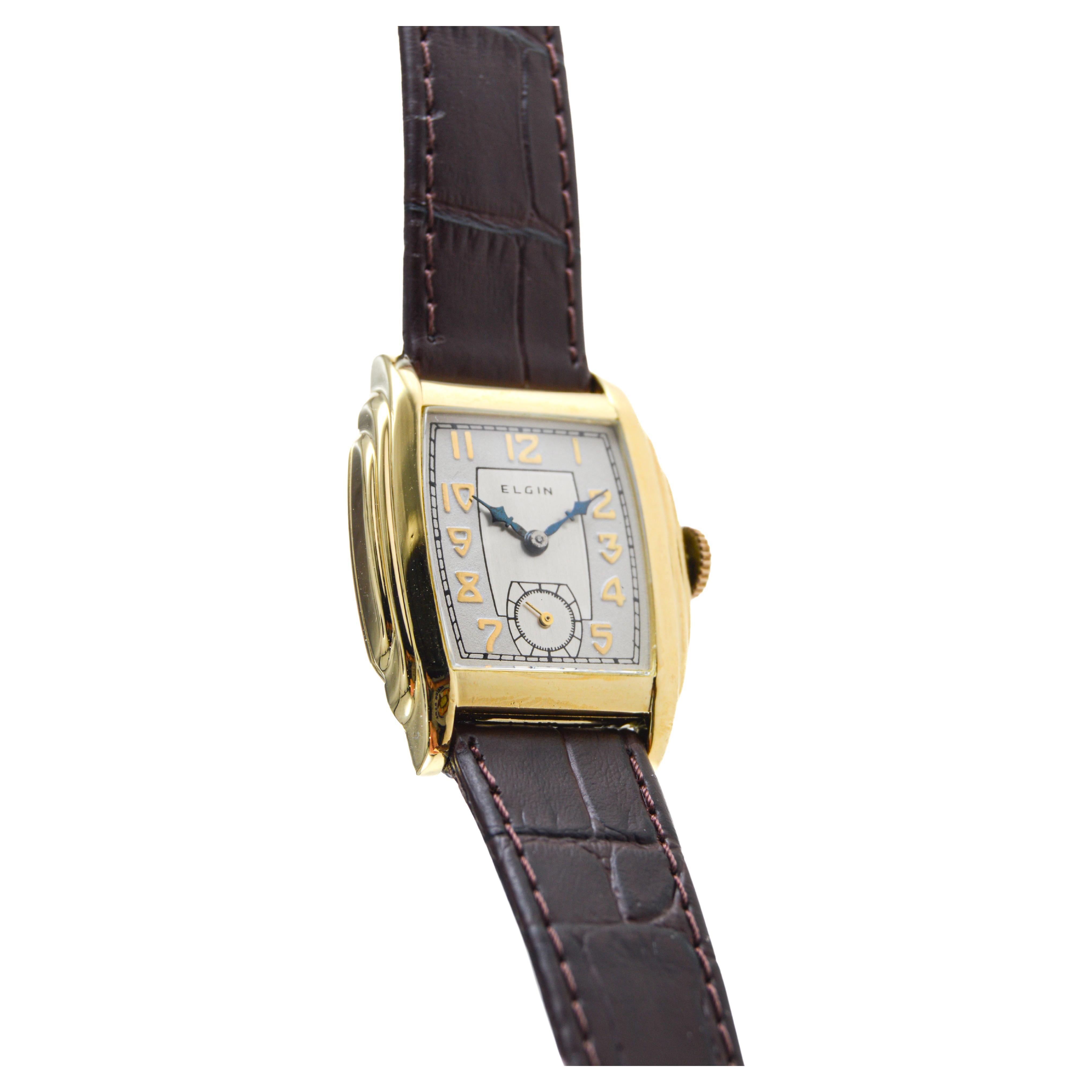 Women's or Men's Elgin Yellow Gold Filled Tonneau Shape Watch Circa 1931 with Original Dial