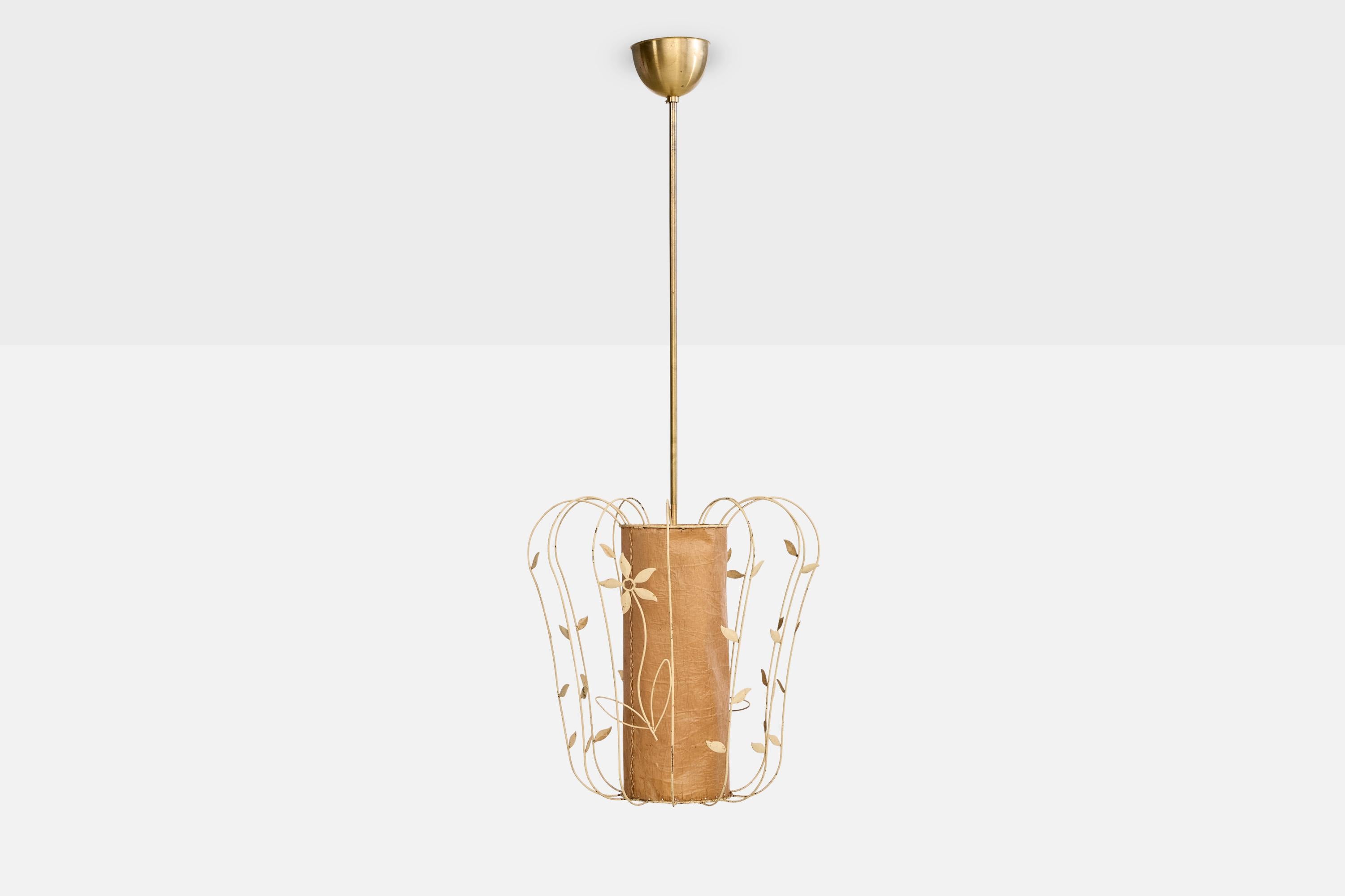 Scandinavian Modern Elhå Belysning, Pendant Light, Metal, Parchment Paper, Sweden, 1940s