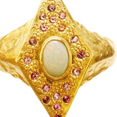 18 Karat Gold Neptune Sky Ring with White Water Opal and Pink Spinels