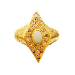 18 Karat Gold Neptune Sky Ring with White Water Opal and Pink Spinels