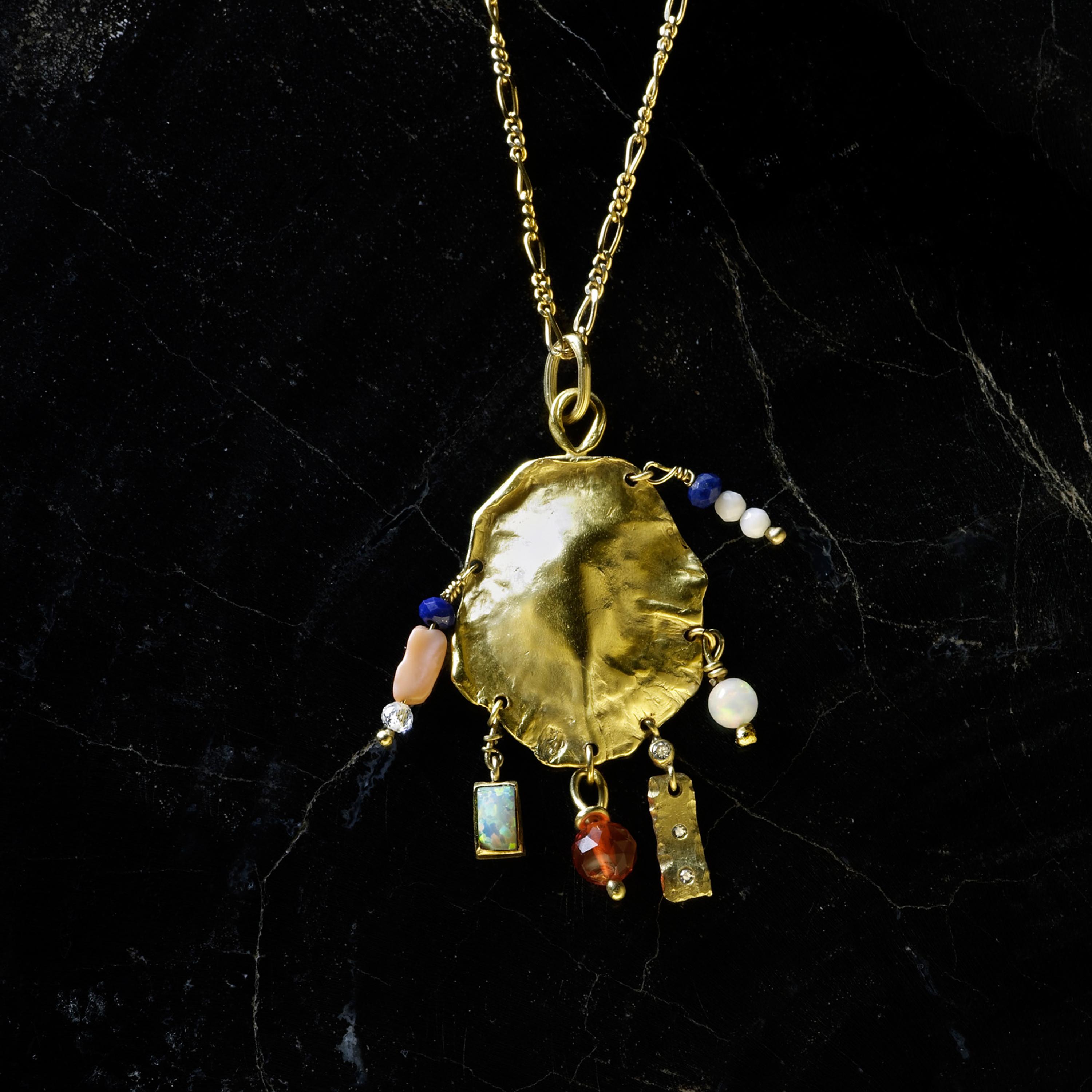Artist Elhanati 18 Karat Gold Ocean Shield Necklace with Gems For Sale
