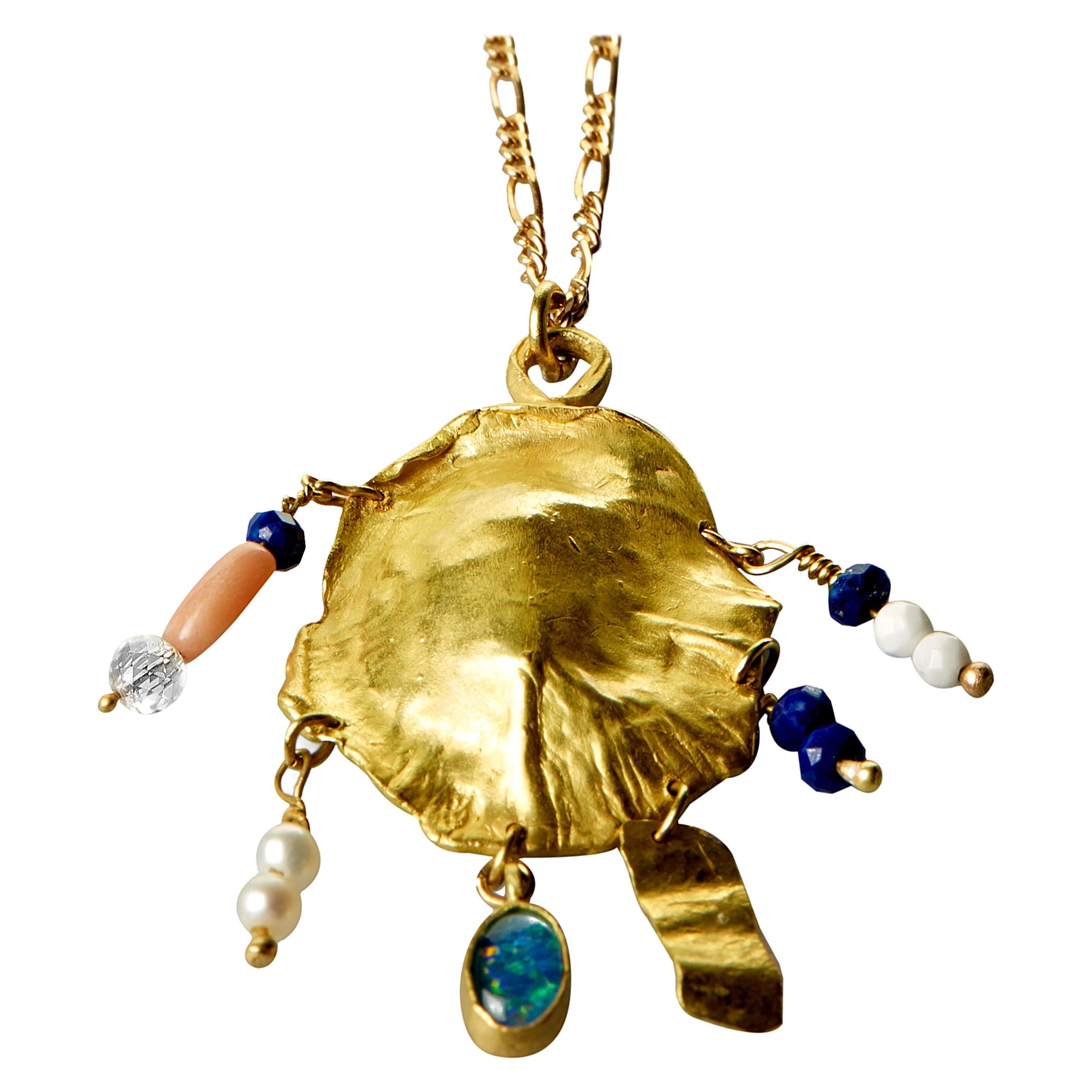 Elhanati 18 Karat Gold Ocean Shield Necklace with Gems For Sale