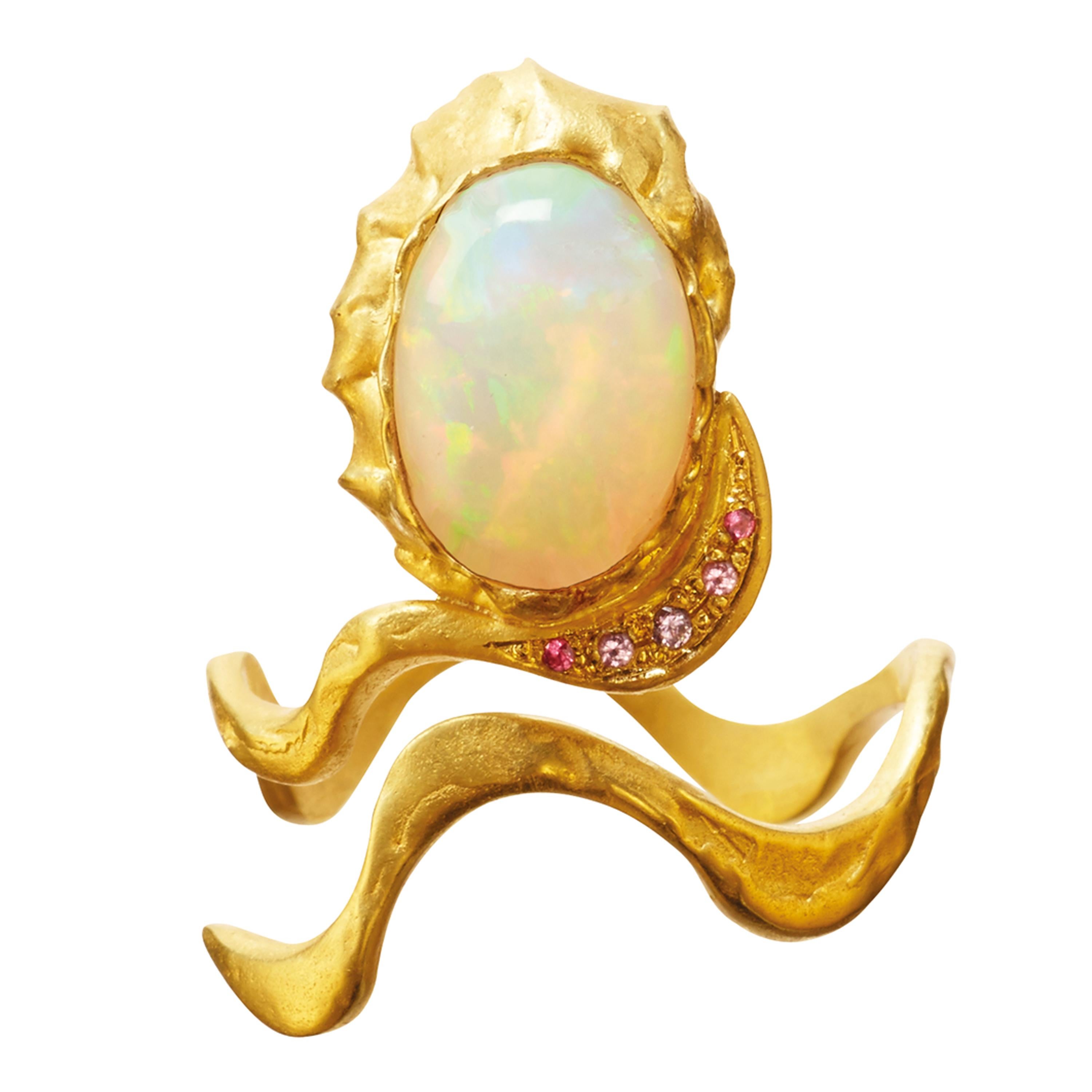 18 Karat Gold Octopus Opal Ring with White Water Opal and Pink Spinels For Sale