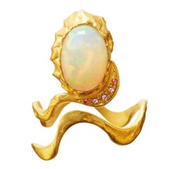 18 Karat Gold Octopus Opal Ring with White Water Opal and Pink Spinels
