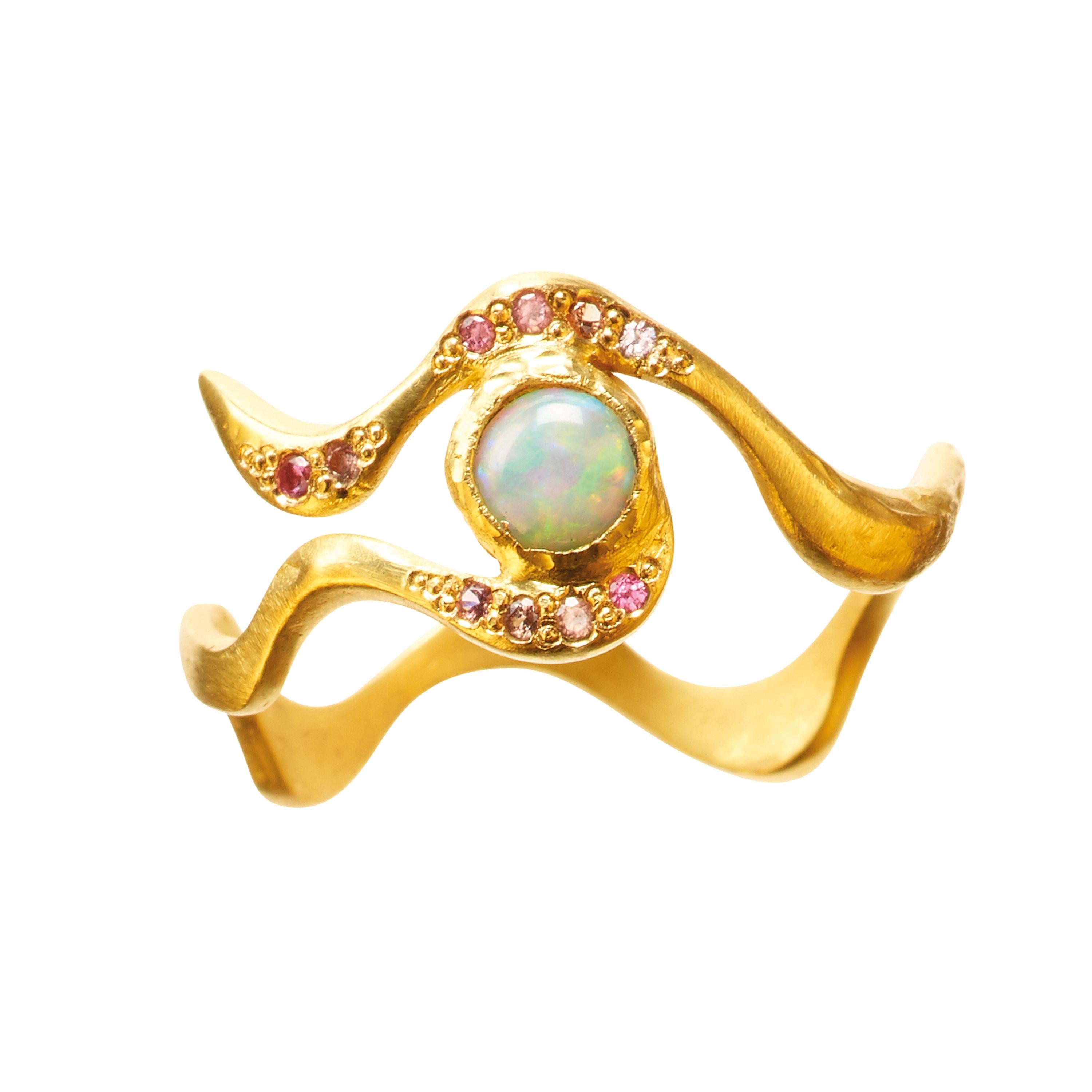 18 Karat Gold Opal Eye Ring with White Water Opal and Pink Spinels For Sale