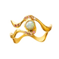 18 Karat Gold Opal Eye Ring with White Water Opal and Pink Spinels