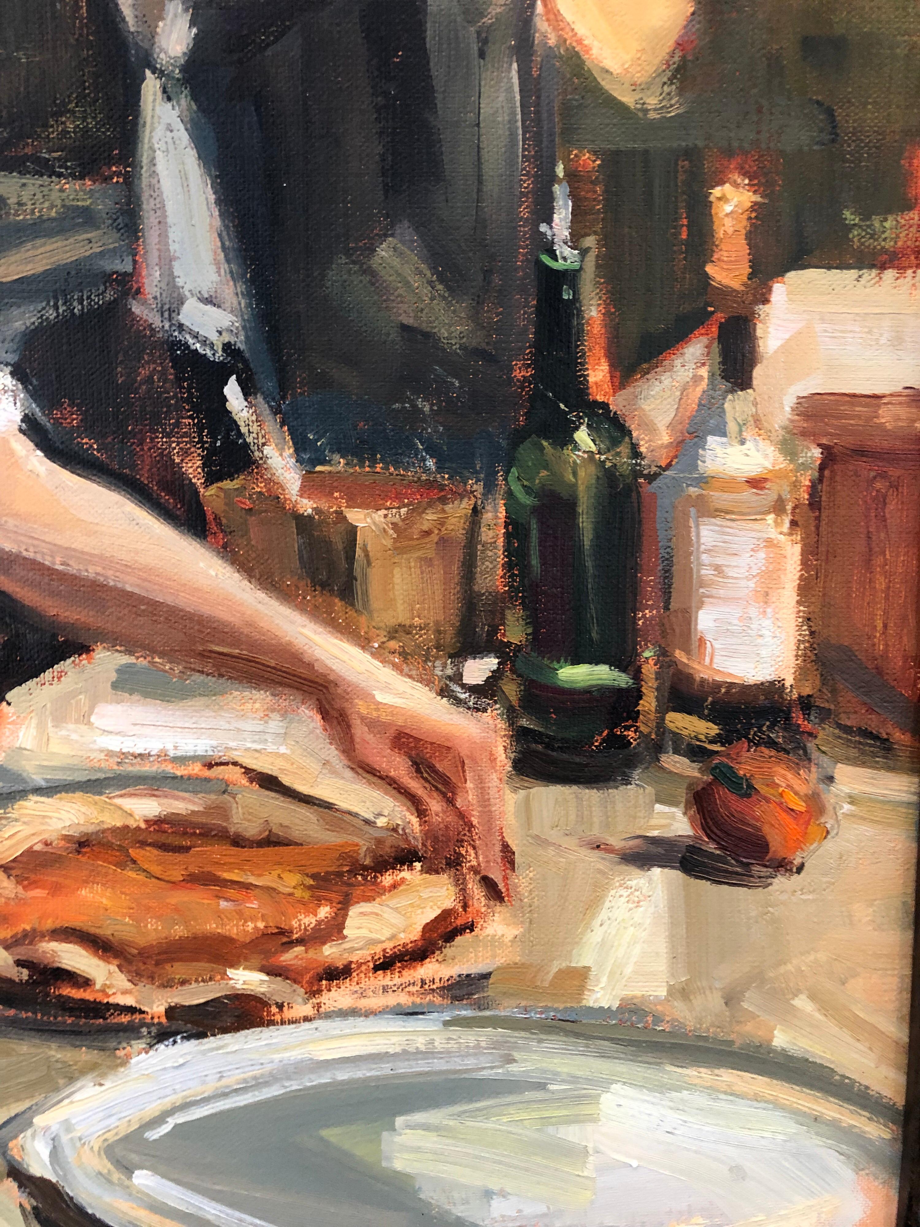 An energetic painting of pizza's being made in a restaurant kitchen. This original oil painting on canvas is framed in a black frame with rustic gold lip. Cedrone's lively brushwork and harmonious color palette shine.

Eli Cedrone graduated from the