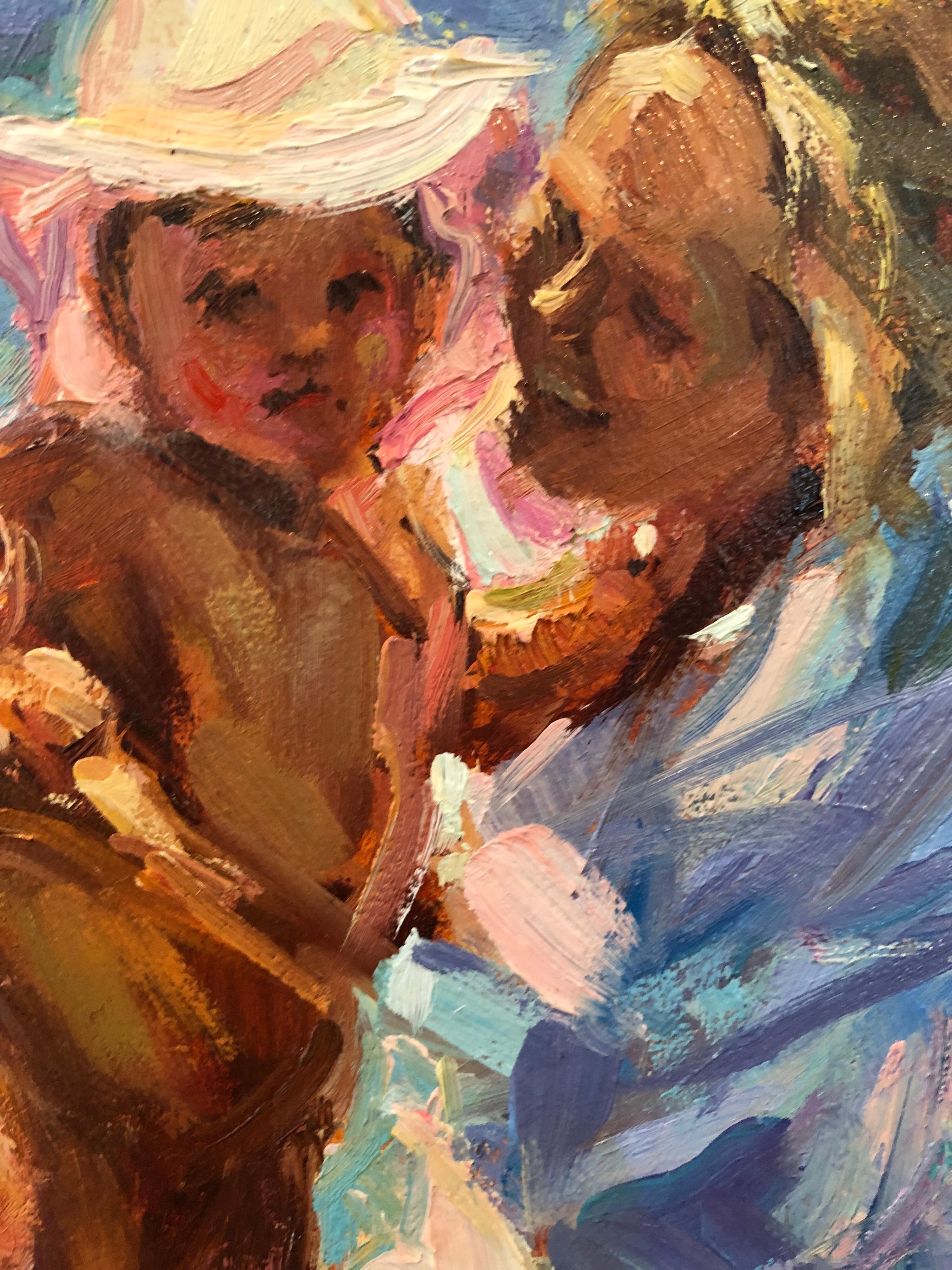 A Part-time resident of Bermuda, Ms. Cedrone has ample time to study the effects of sun and wind on the ocean. Her command of both brush and palette are displayed in this sweet piece where we glimpse the private world of a mother playing with her