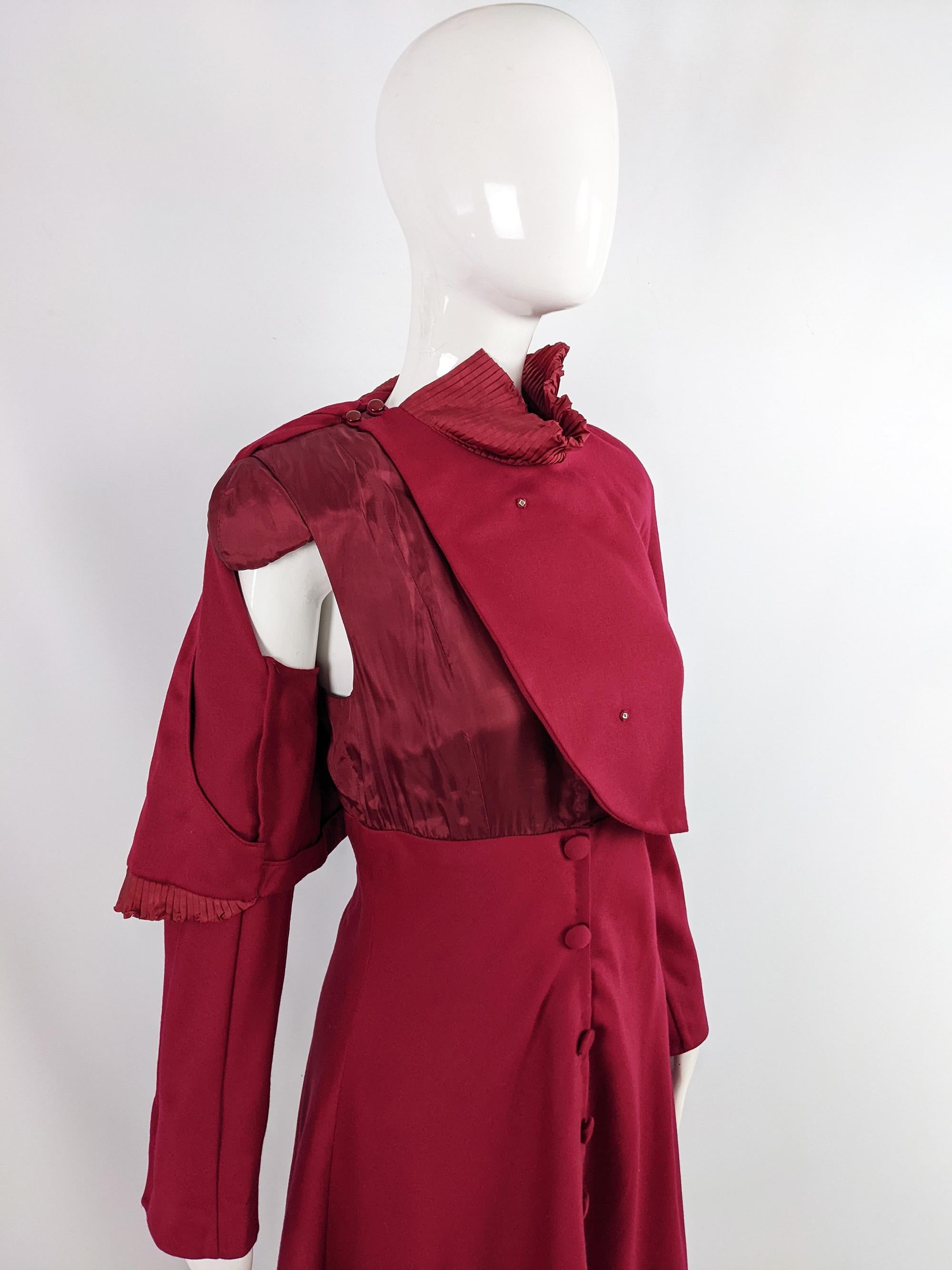 Women's Eli Colaj Vintage Wine Red Italian Long Sleeve Wool Dress with Ruffle Collar