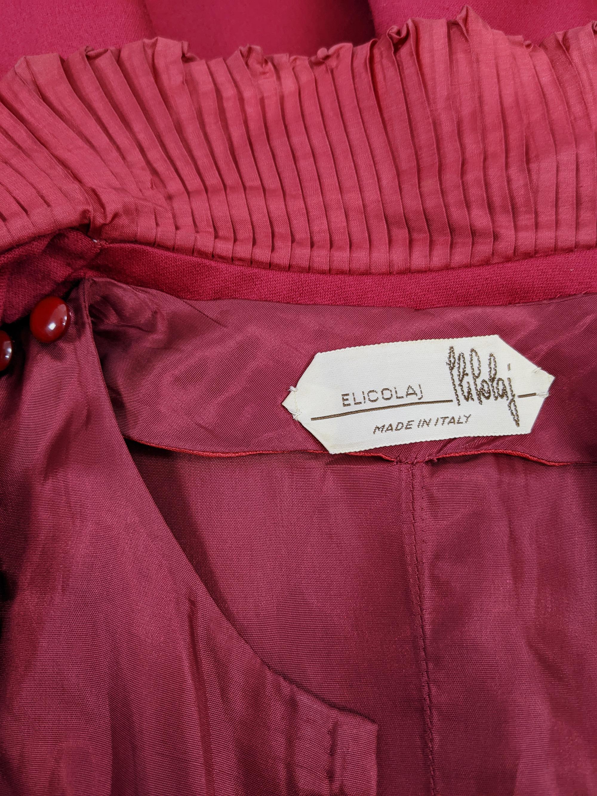 Eli Colaj Vintage Wine Red Italian Long Sleeve Wool Dress with Ruffle Collar 2