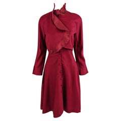 Eli Colaj Vintage Wine Red Italian Long Sleeve Wool Dress with Ruffle Collar