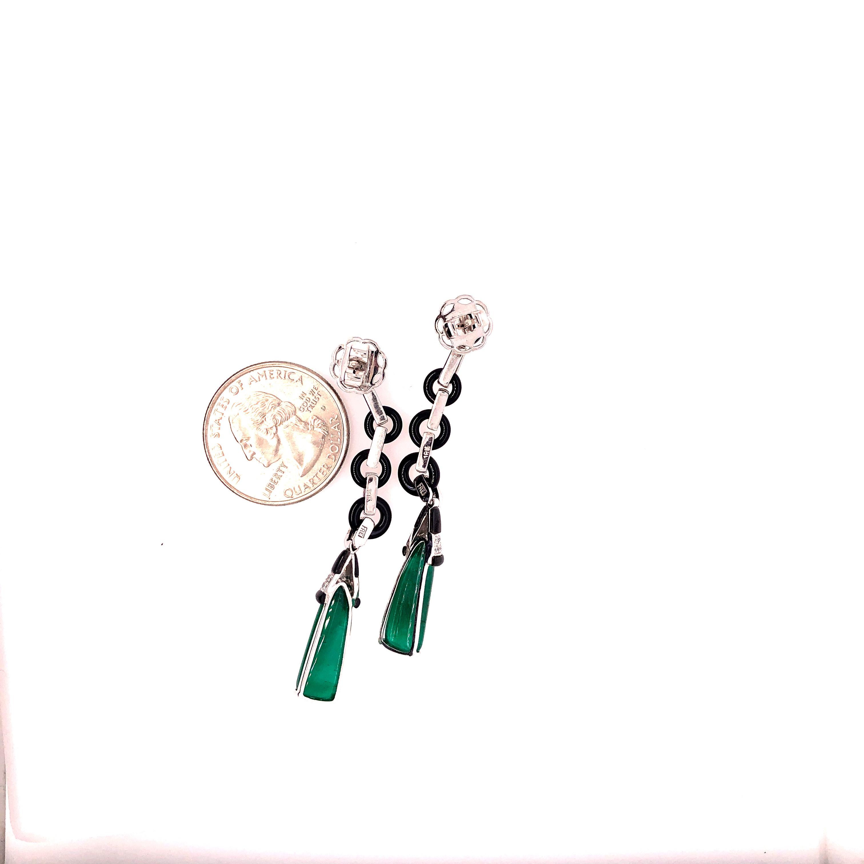 Eli Frei 18 K White Gold Cabochon Cut Emerald with Onyx and Diamond Links.  Stamped 750 and FREI.  