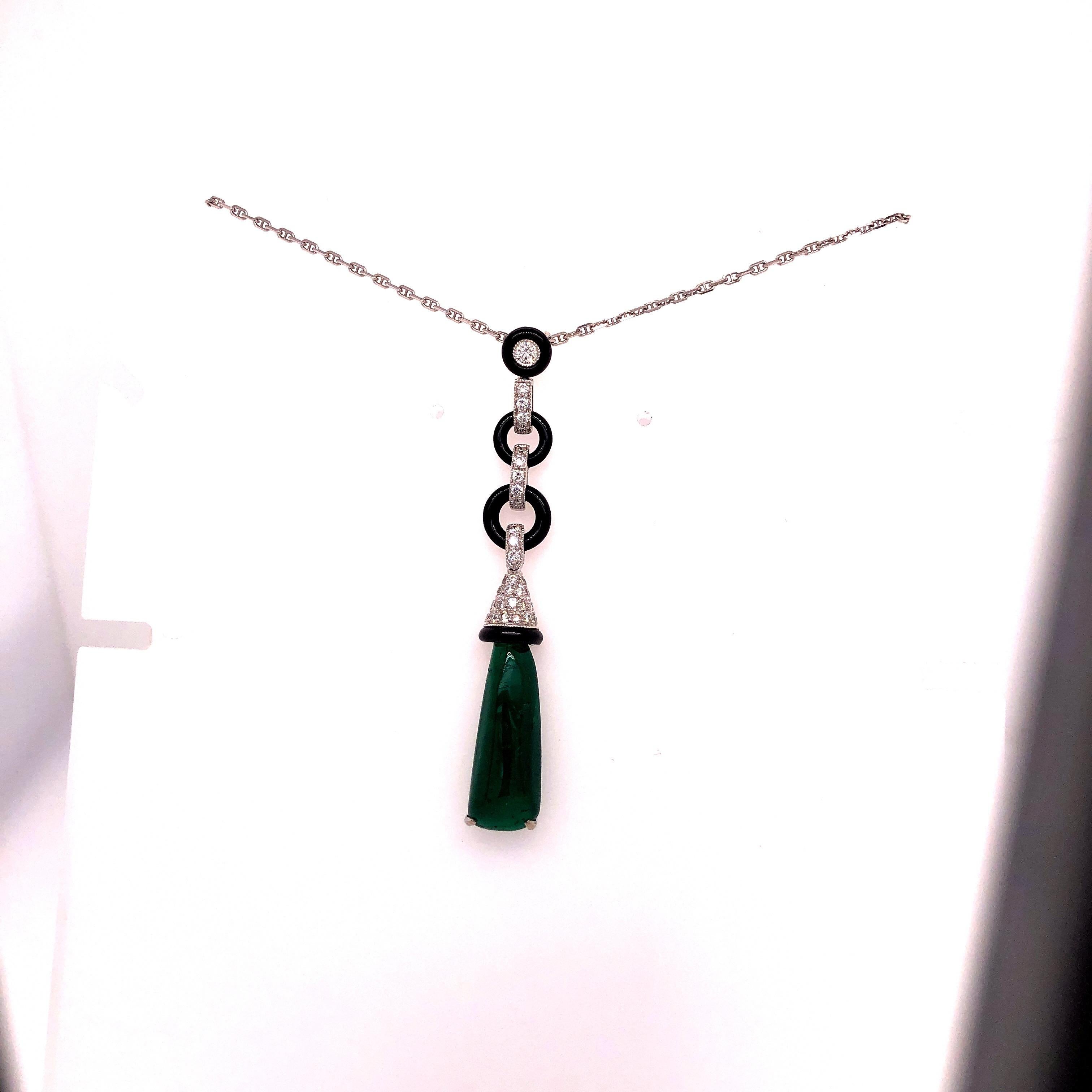 Cabochon Eli Frei White Gold Emerald Onyx and Diamond Pendant