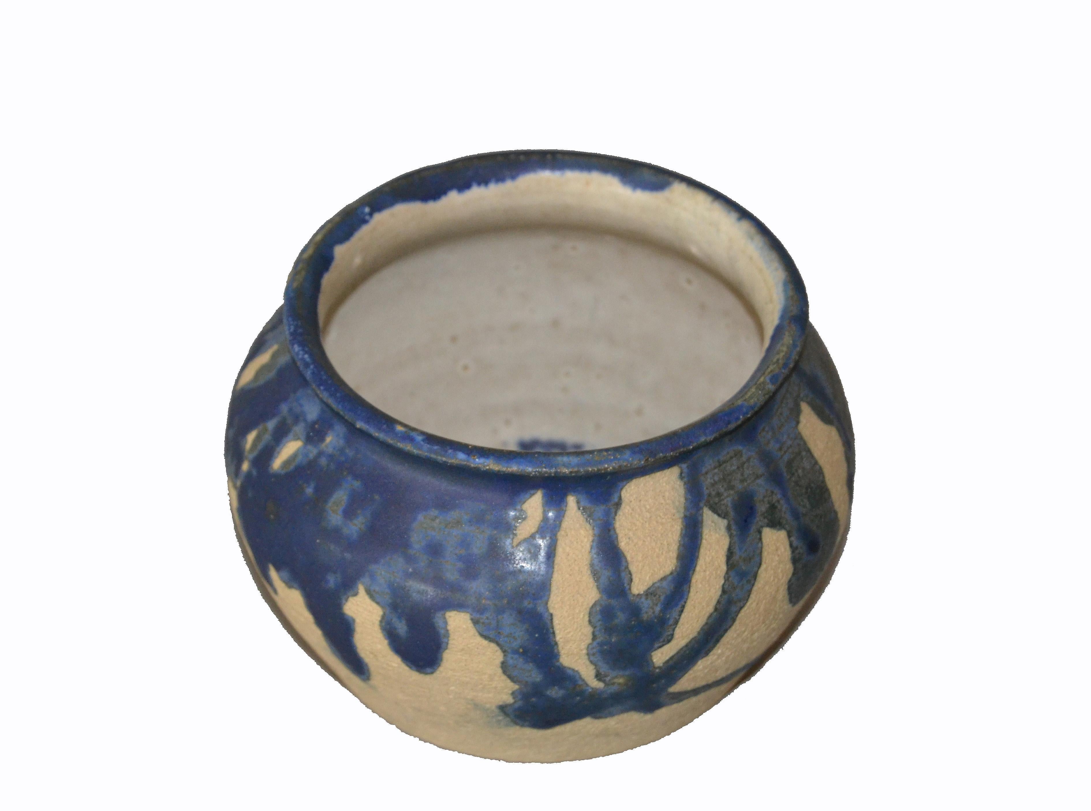 Glazed Eli Hanemann Vintage Drip Glaze Blue & Beige Pottery Ceramic Bowl Studio Piece
