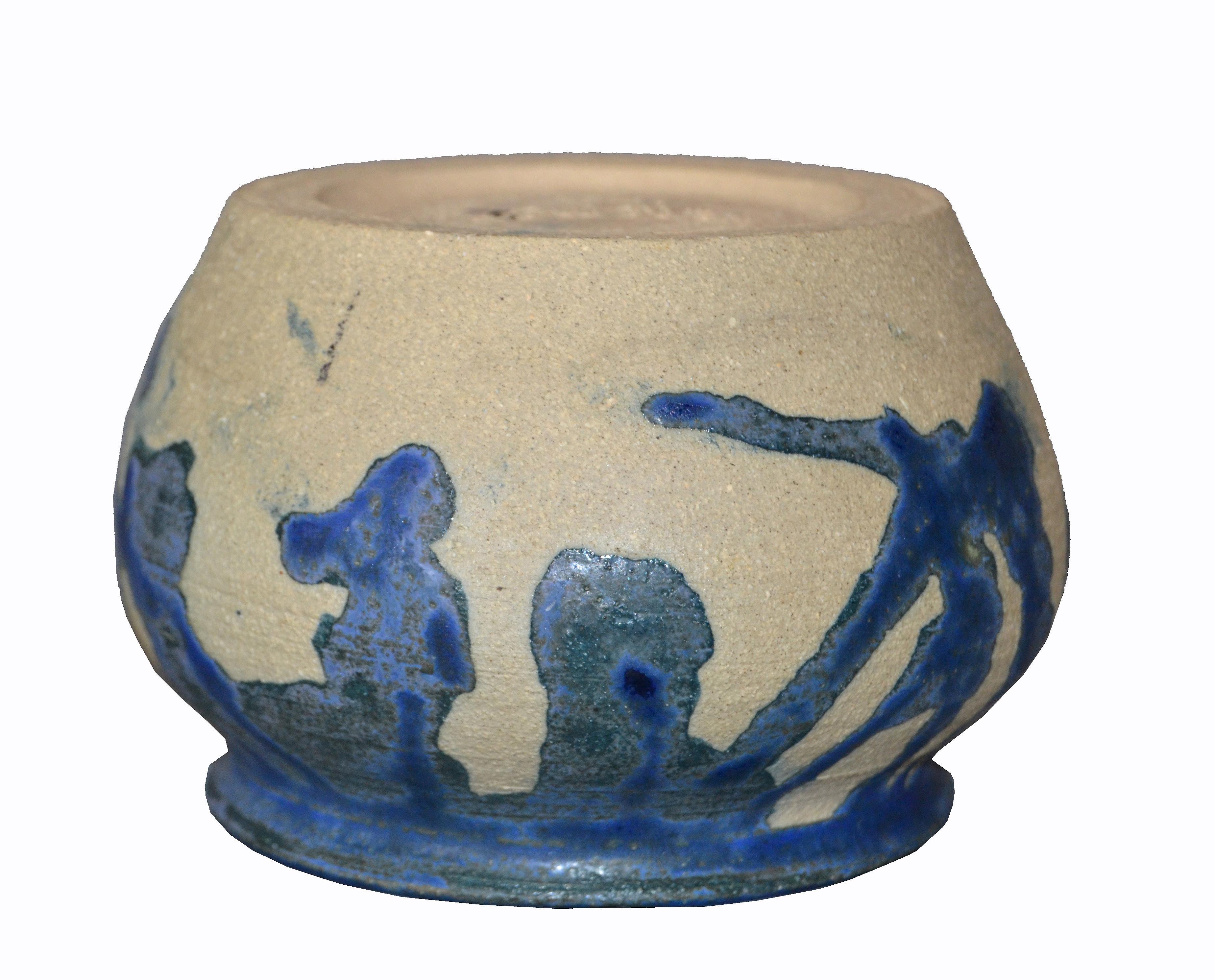 20th Century Eli Hanemann Vintage Drip Glaze Blue & Beige Pottery Ceramic Bowl Studio Piece