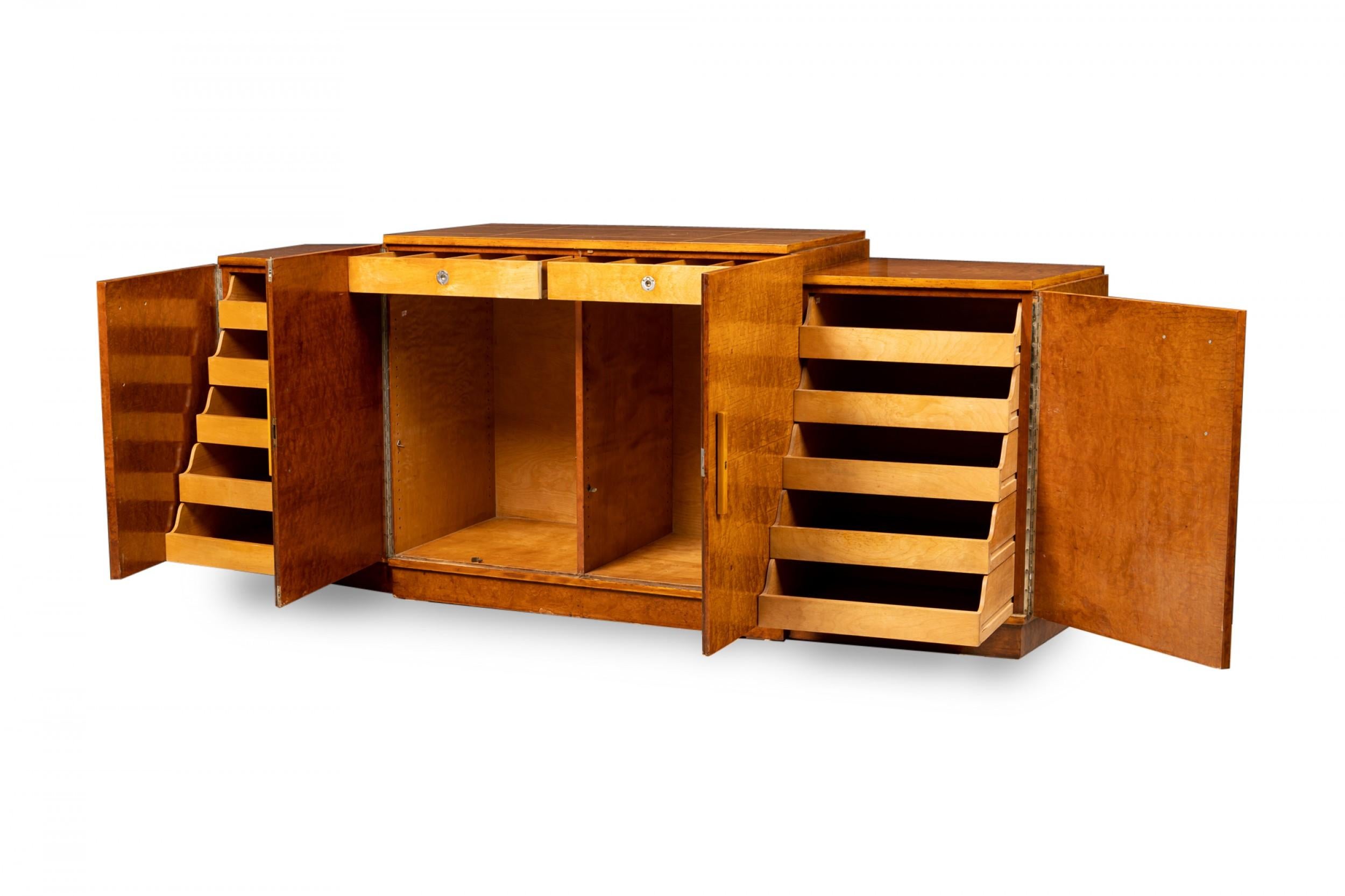 Eli Jacques Kahn Art Deco American Birds-Eye Inlaid Maple 3-Cabinet Credenza In Good Condition For Sale In New York, NY
