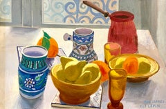 Oil Painting Still Life Tablescape with Coffee & Oranges 1972 Israel Eli Levin
