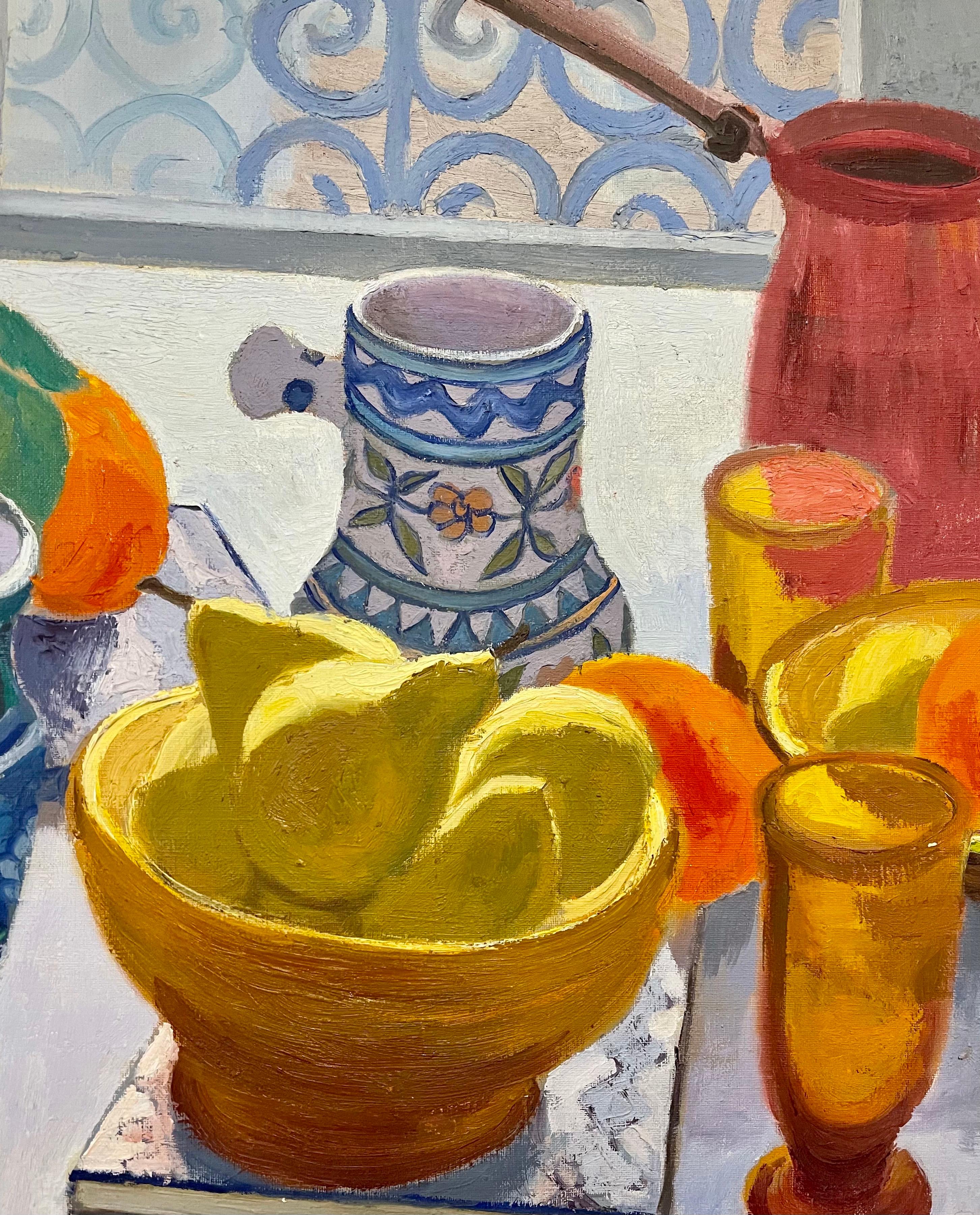 Oil Painting Still Life Tablescape with Coffee & Oranges 1972 Israel Eli Levin 1