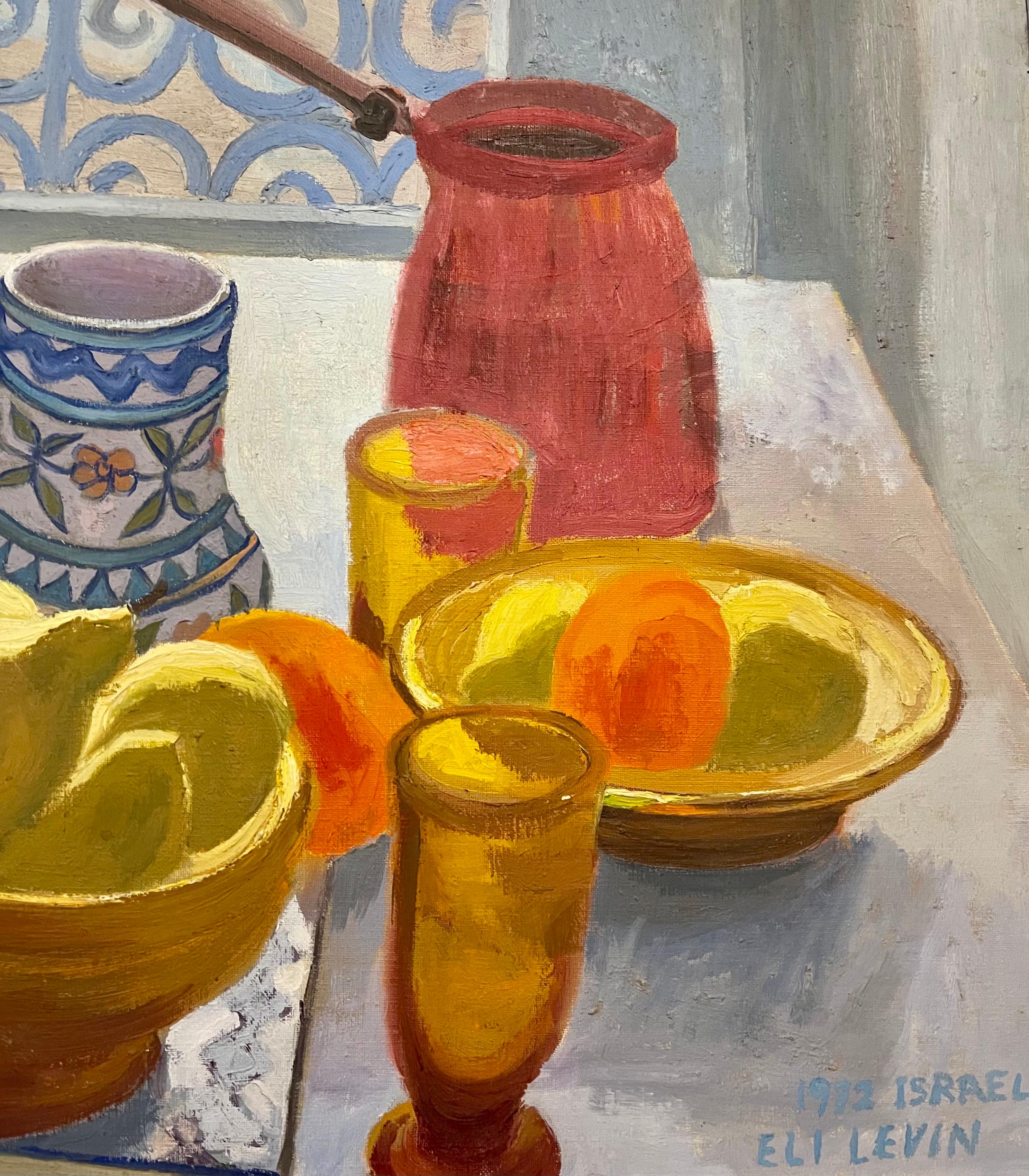 Oil Painting Still Life Tablescape with Coffee & Oranges 1972 Israel Eli Levin 2