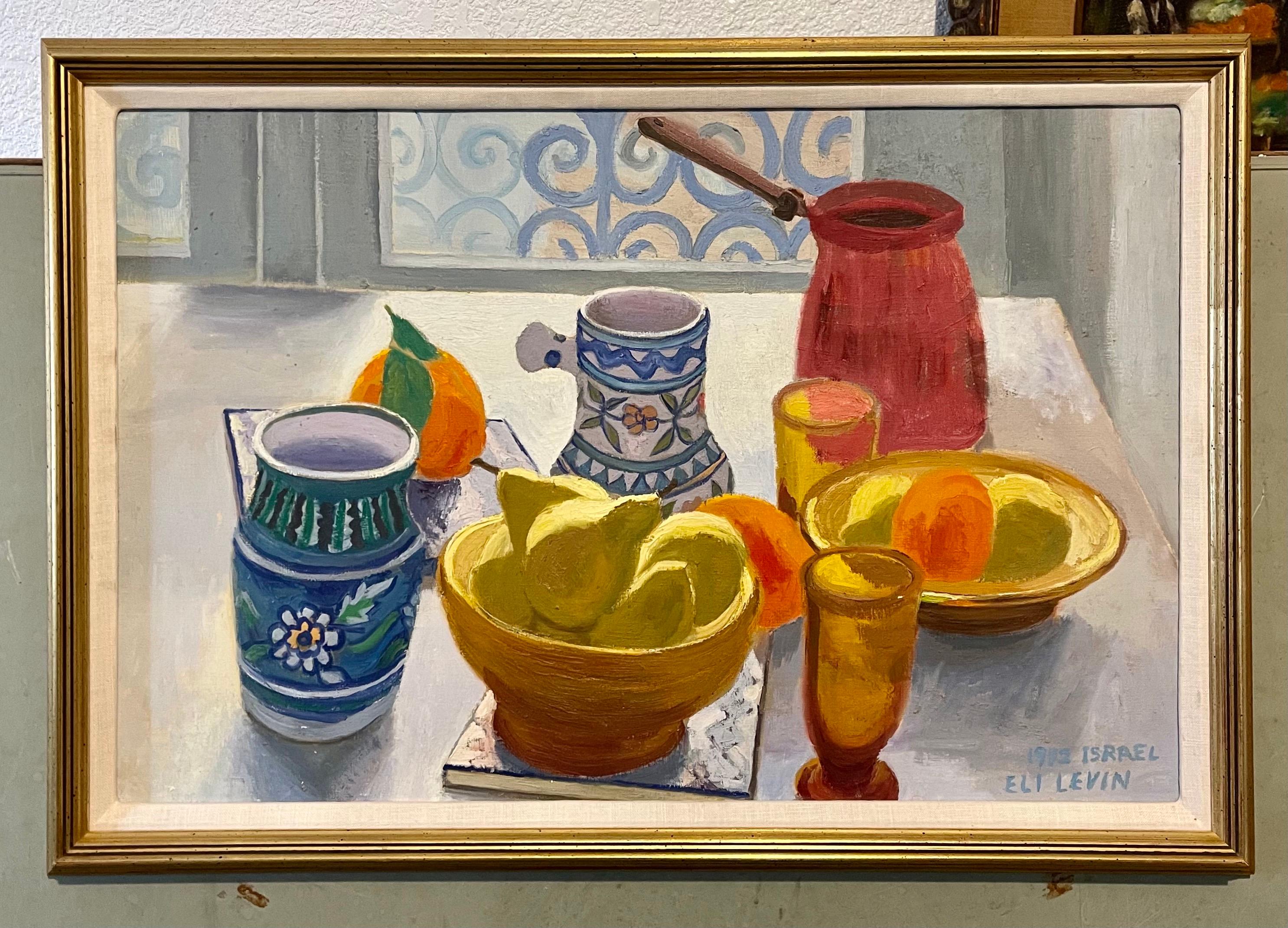 Oil Painting Still Life Tablescape with Coffee & Oranges 1972 Israel Eli Levin 5