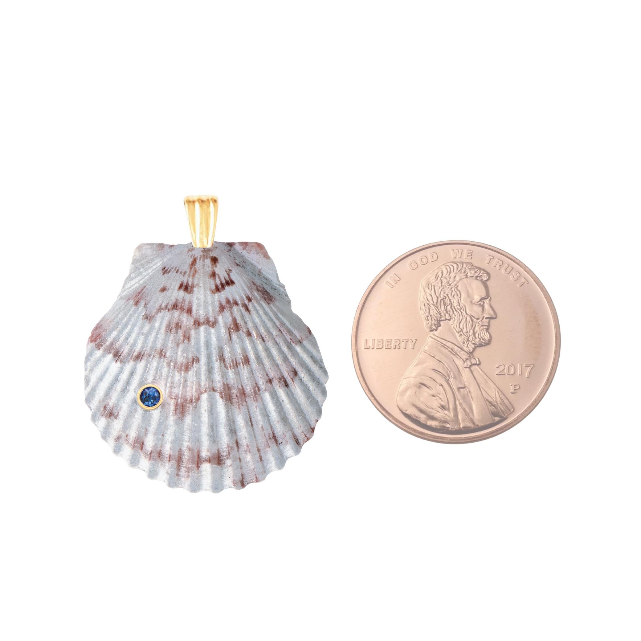 Taglio rotondo Ciondolo a forma di conchiglia naturale Eli con oro 14k e zaffiro blu naturale in vendita