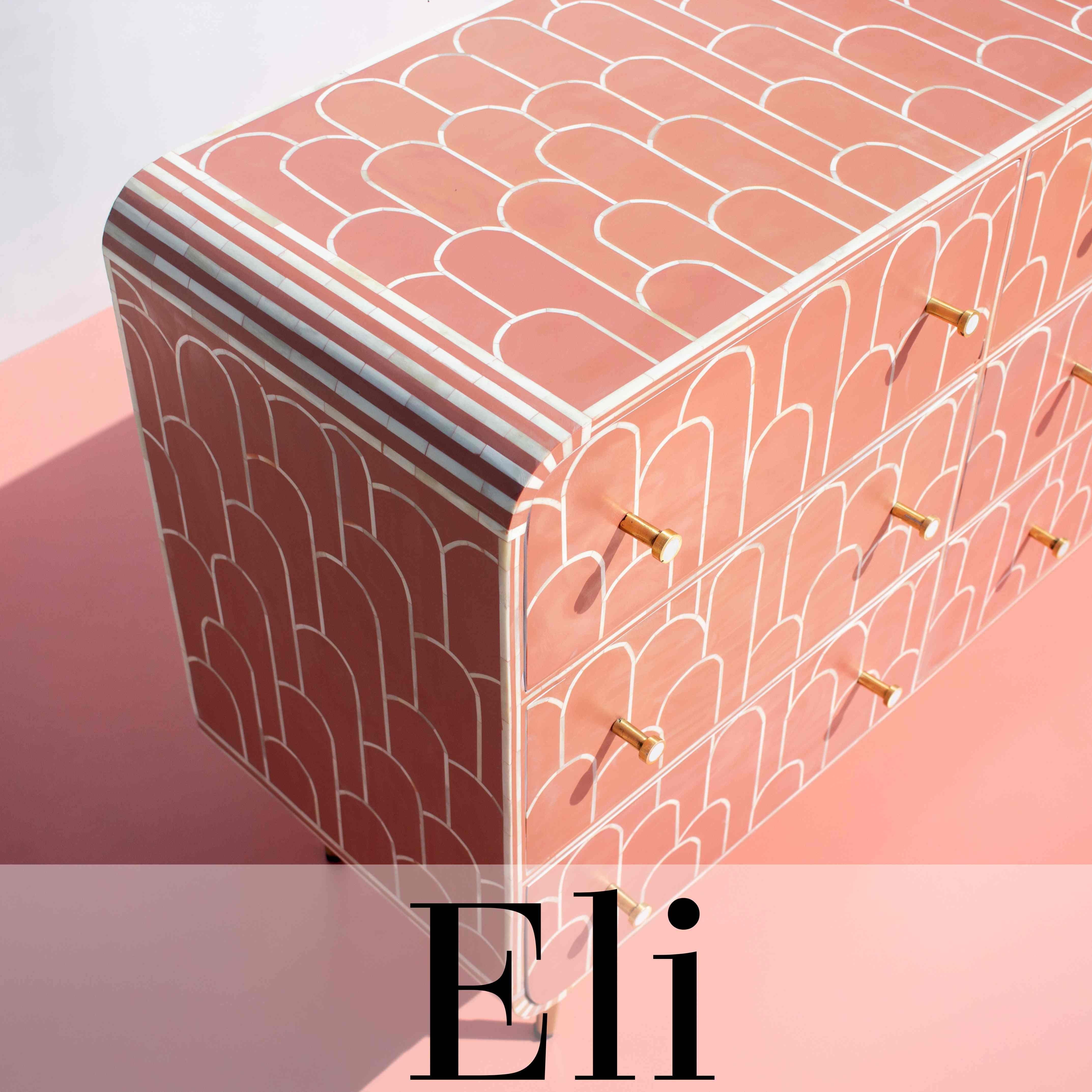 We designed this dresser in collaboration with Hannaneh. Hannaneh is a Milan based designer who loves to explore with colour and patterns. The Eli Bone Inlay Dresser is the perfect statement piece for any contemporary bedroom, adding sophistication
