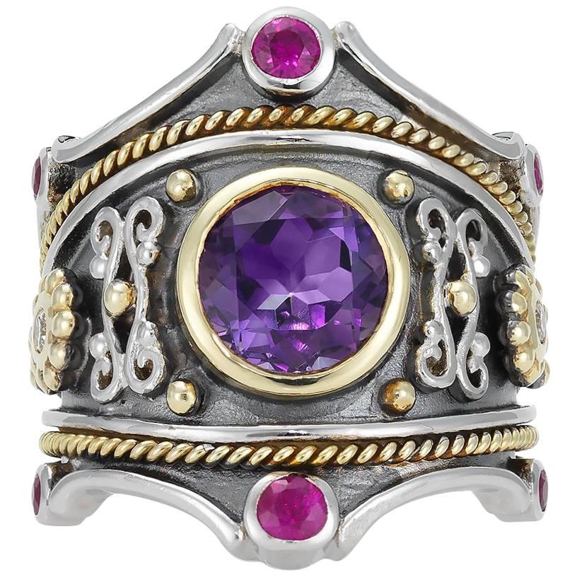 Eli Sterling Sliver Gold Amethyst and Ruby Ring