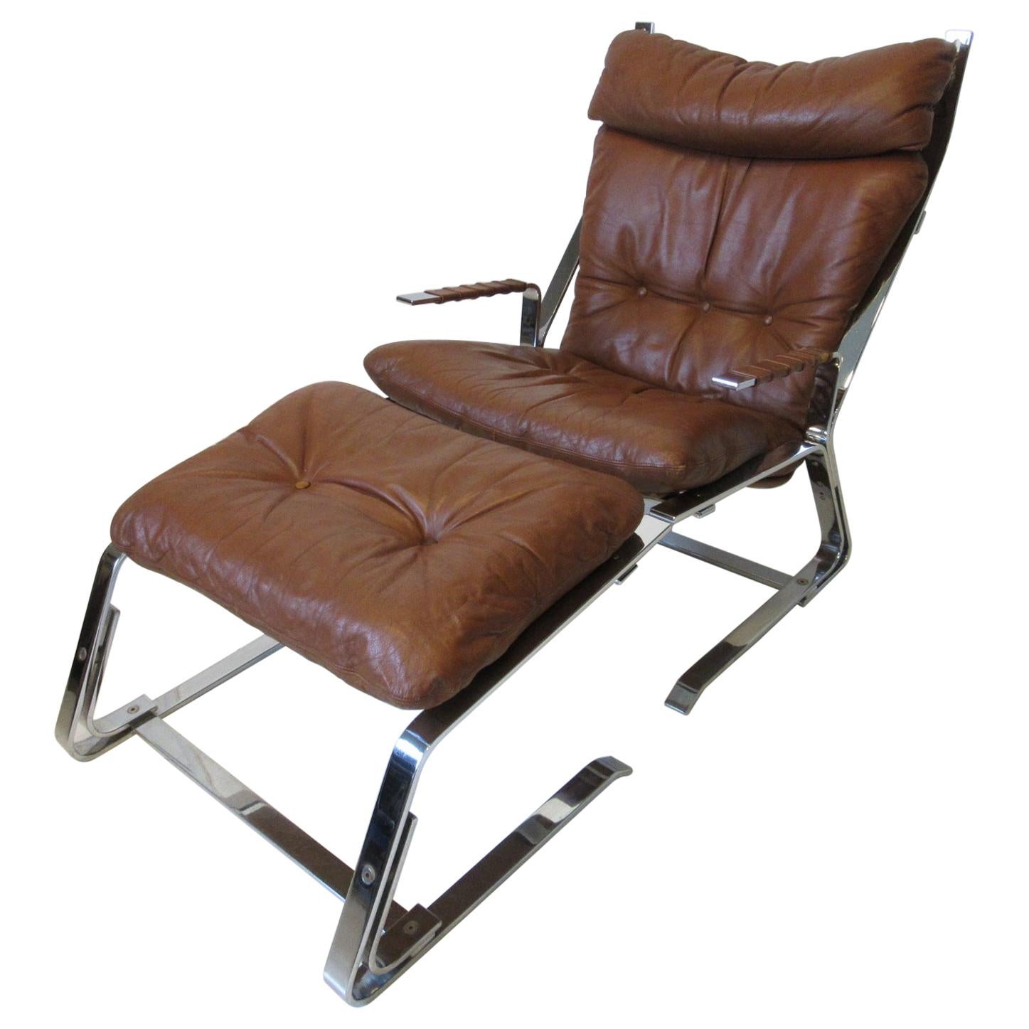 Elia & Nordahl Solheim Leather and Chrome Lounge Chair w/ Ottoman Norway