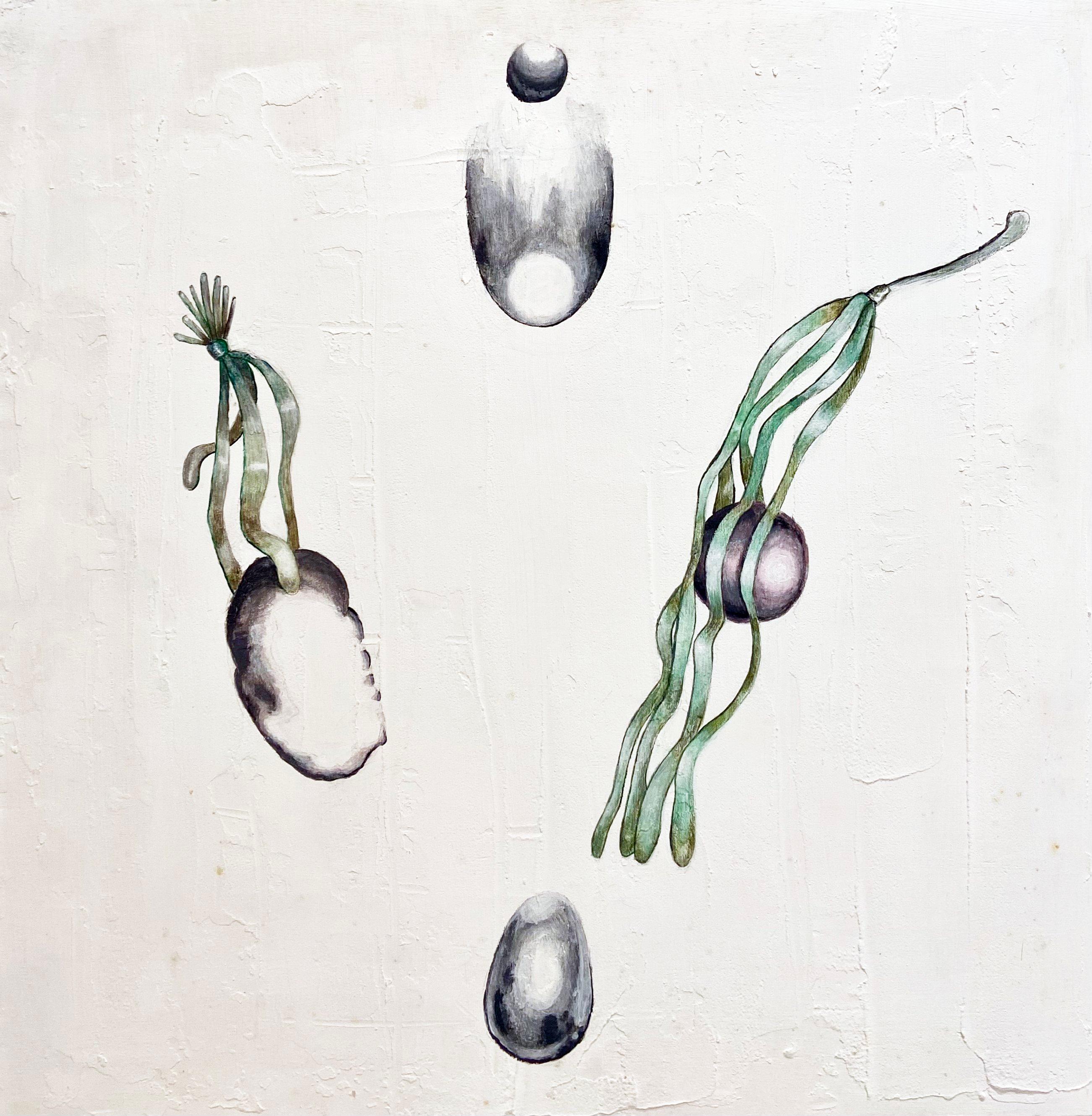 In “Mirrors”, Elia Panori creates a suspended and quiet composition, where organic forms float across a neutral, textured surface. Oval shapes, reminiscent of eggs or polished stones, interact with filament-like structures that evoke roots or