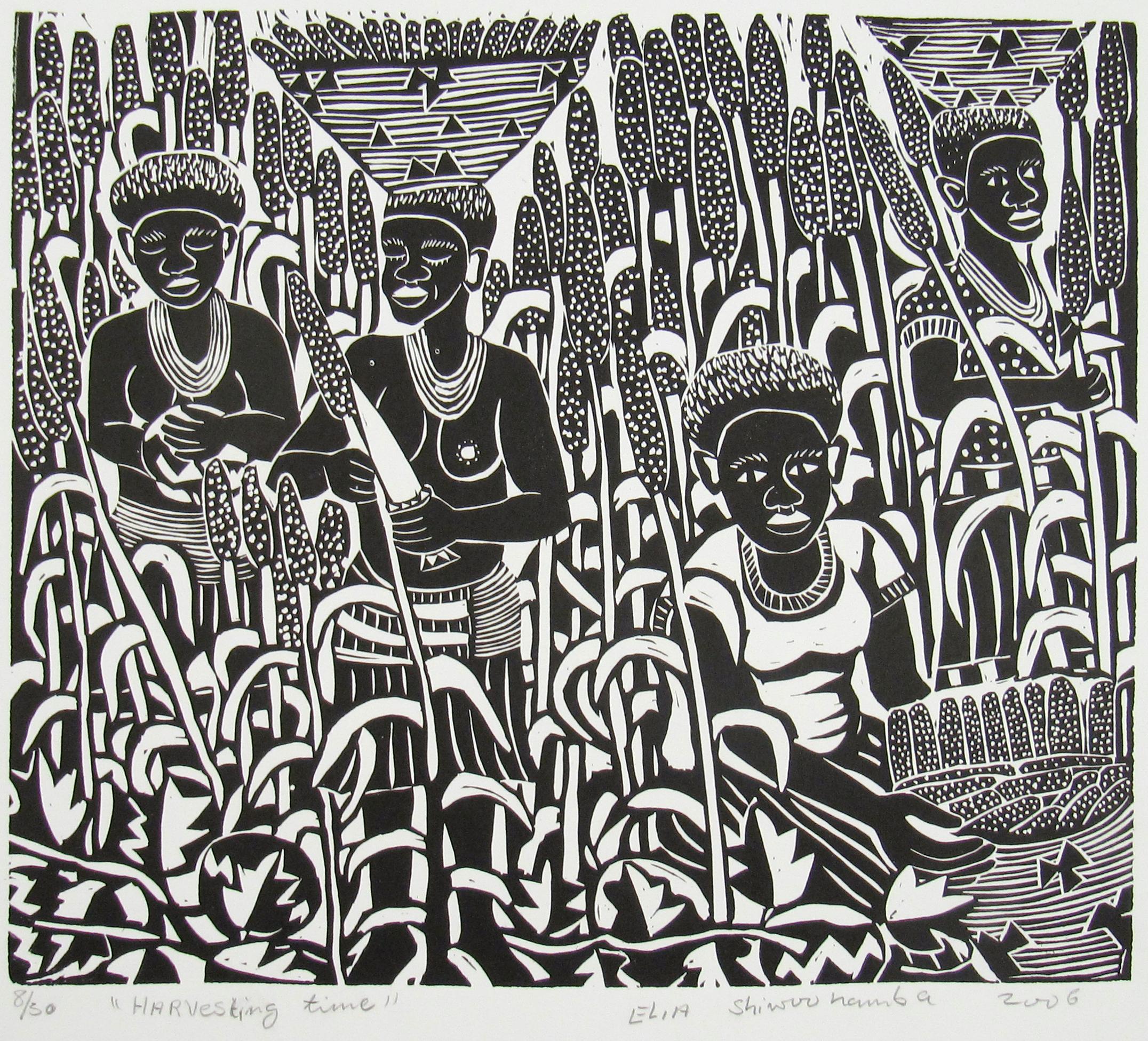 Elia Shiwoohamba ( Namibie, 1981 ) Harvesting Time Lino Cut African School 2006 - Print de Elia Shiwoohama