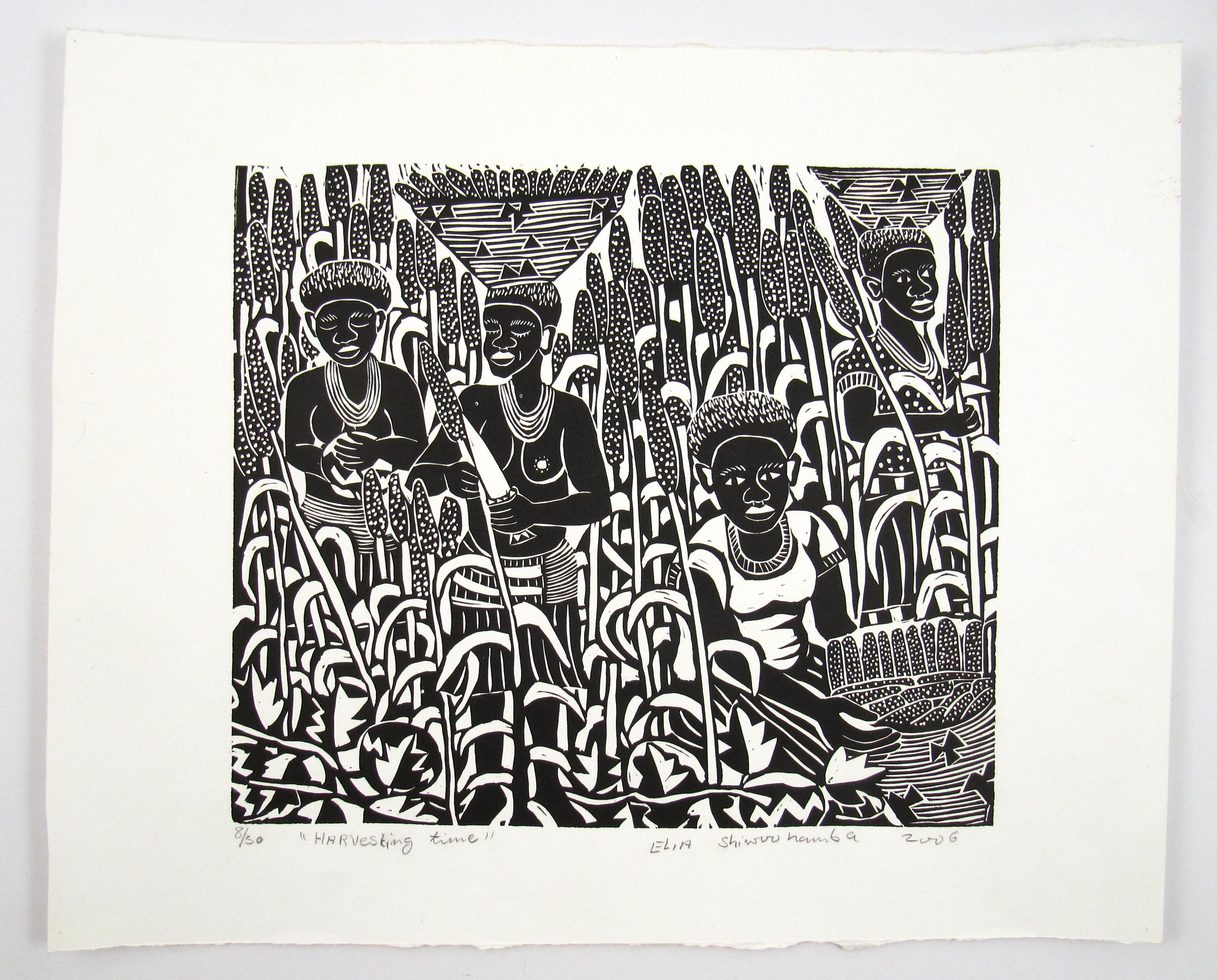 Elia Shiwoohamba ( Namibie, 1981 ) Harvesting Time Lino Cut African School 2006 - Expressionniste Print par Elia Shiwoohama
