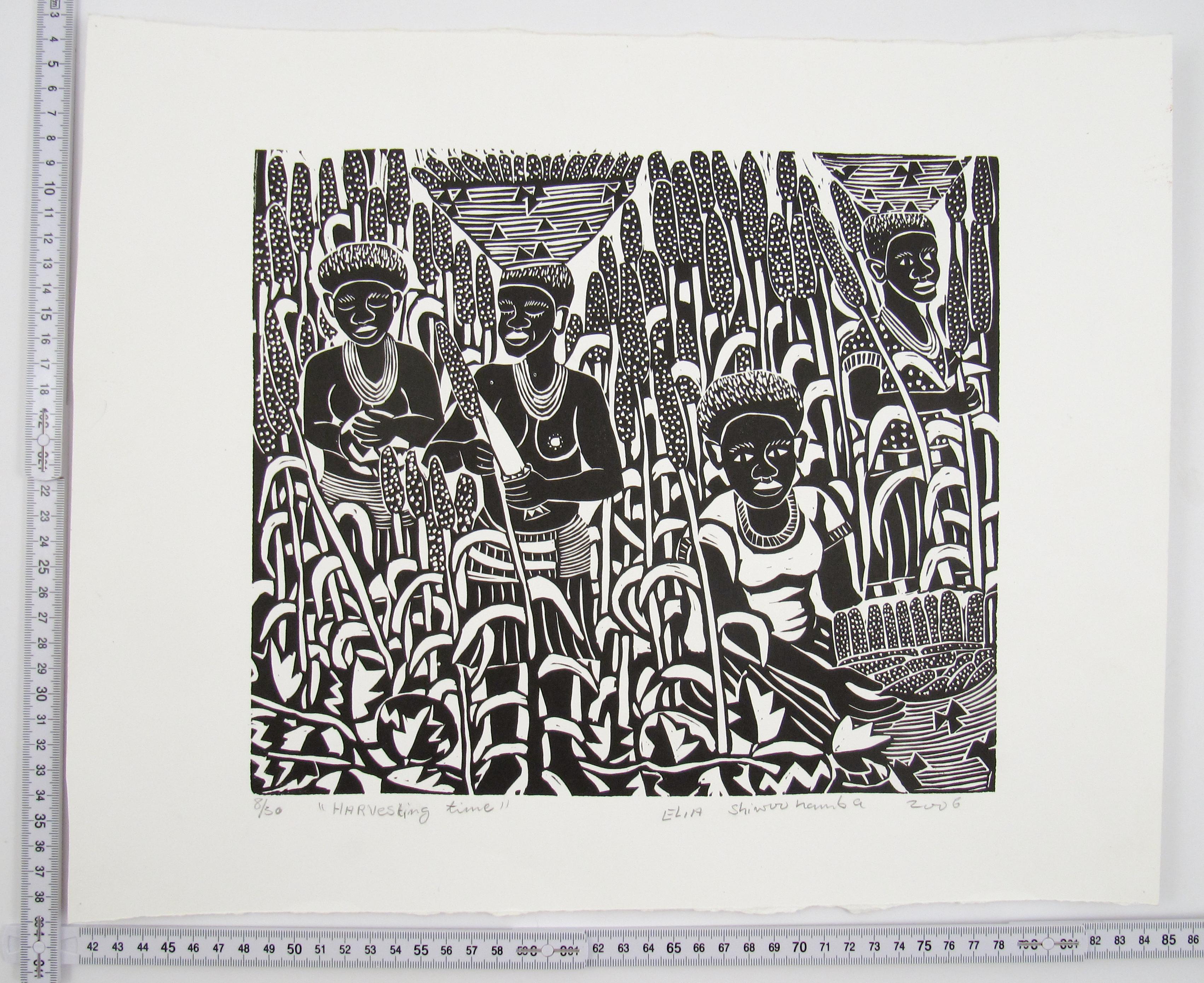 Elia Shiwoohamba ( Namibie, 1981 ) Harvesting Time Lino Cut African School 2006 en vente 4