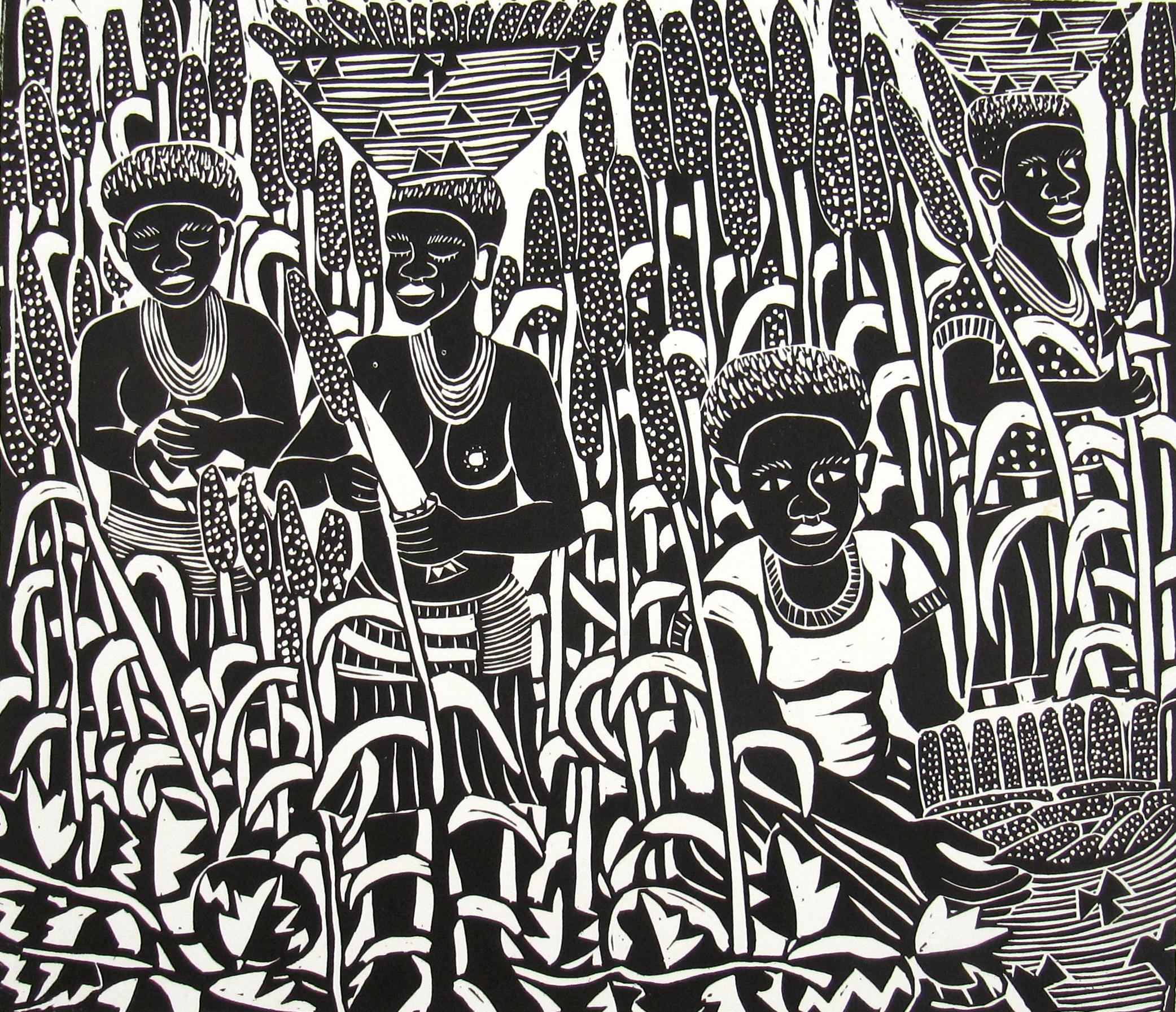 Elia Shiwoohama Landscape Print – Elia Shiwoohamba ( Namibia, 1981) Erntezeit Linoschliff Afrikanische Schule 2006