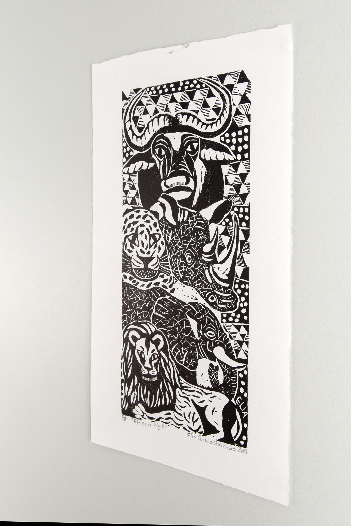African Big 5, Elia Shiwoohamba, Linoleum block print For Sale 1