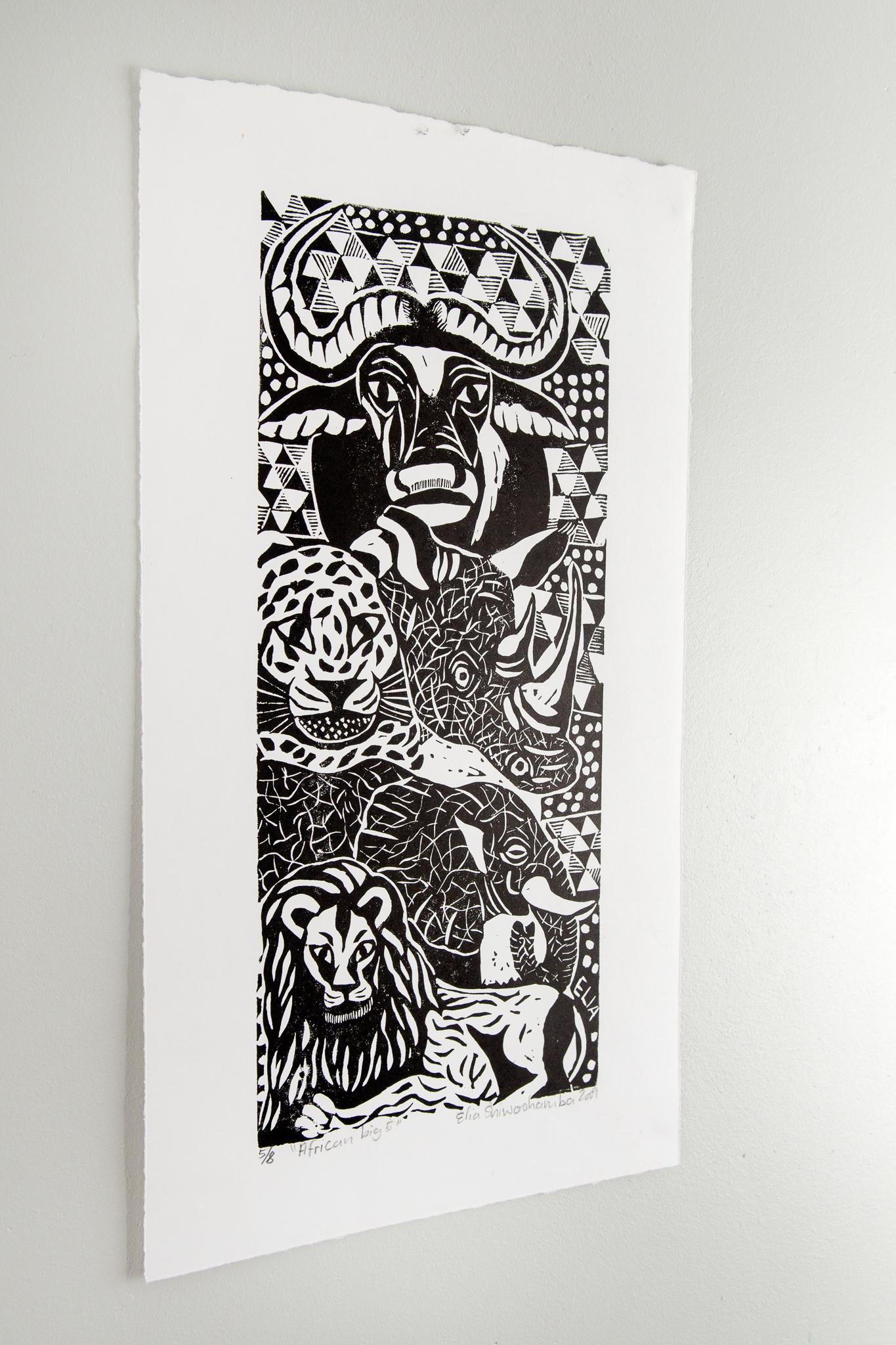 African Big 5, Elia Shiwoohamba, Linoleum block print For Sale 2