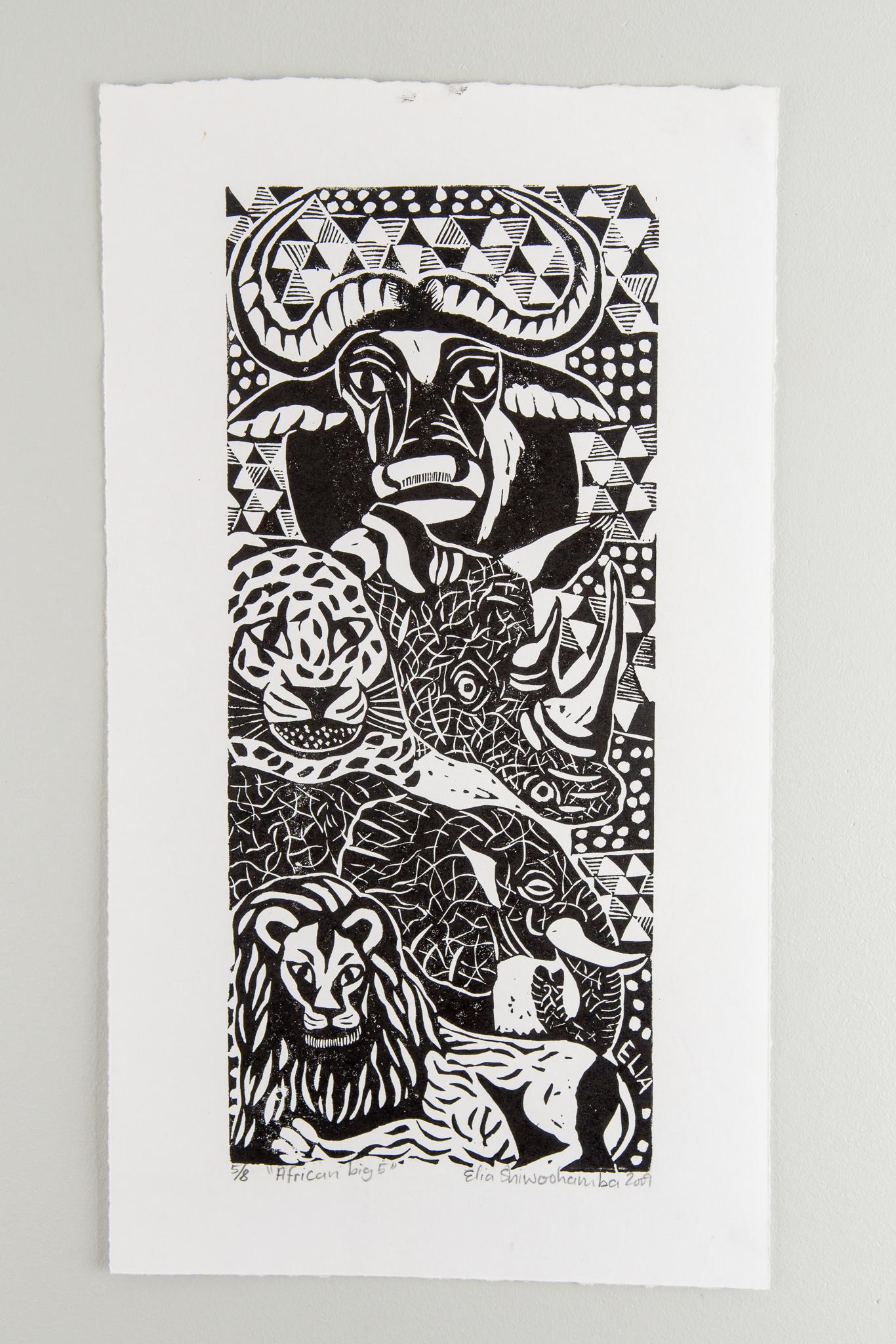 African Big 5, Elia Shiwoohamba, Linoleum block print