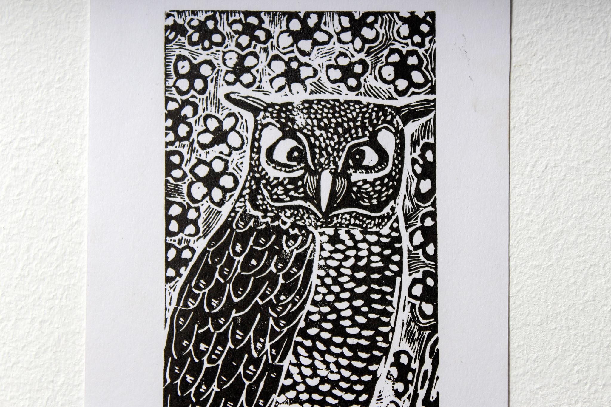 owl lino print