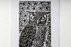 Barn owl, Elia Shiwoohamba, Linoleum block print