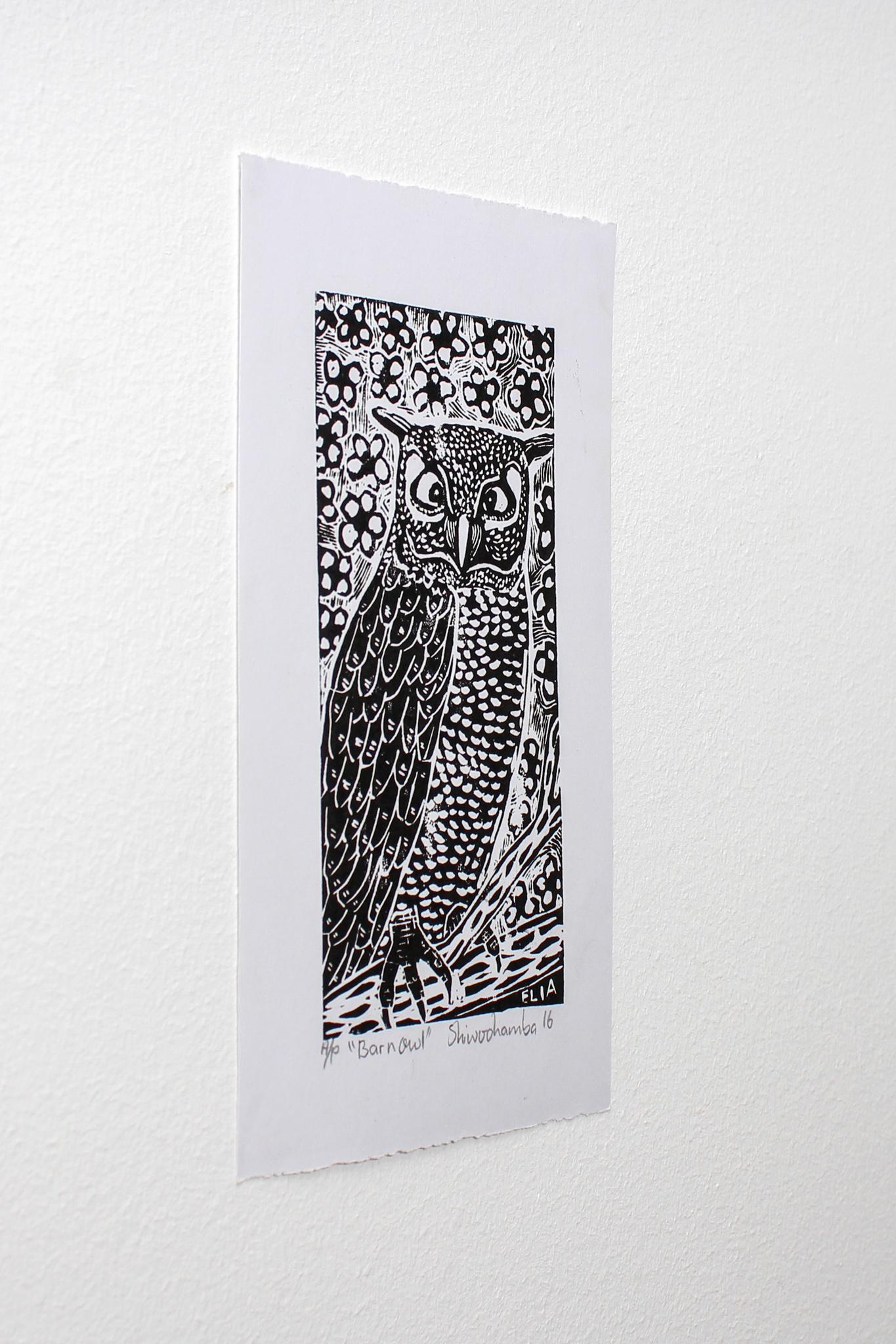 Barn owl, Linoleum block prints on paper.

Elia Shiwoohamba was born in 1981 in Windhoek, Namibia. He graduated from the John Muafangejo Art Centre in Windhoek in 2006. Specialising in printmaking and sculpture, Shiwoohamba works as a professional