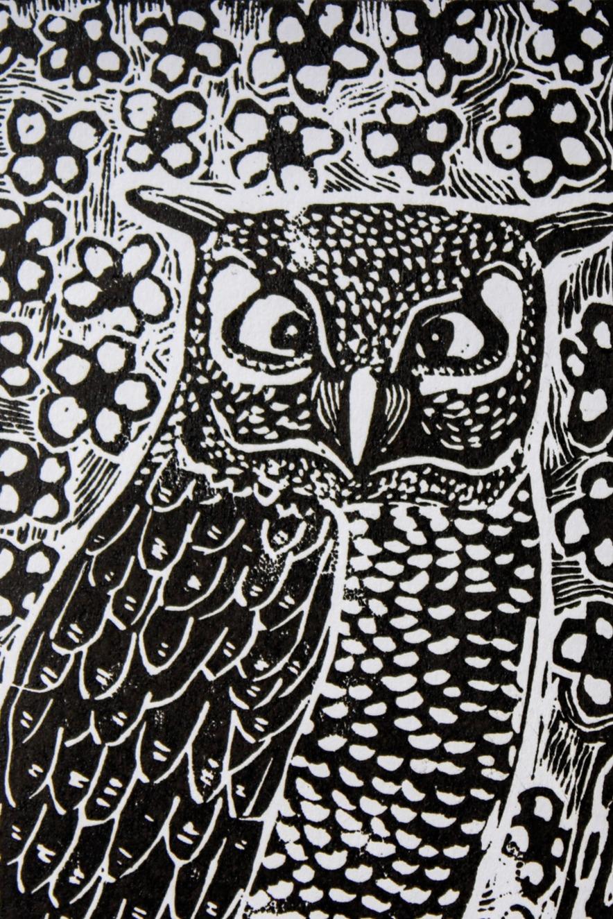 Barn owl, Elia Shiwoohamba, Linoleum block print For Sale 1