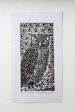 Barn owl, Elia Shiwoohamba, Linoleum block print