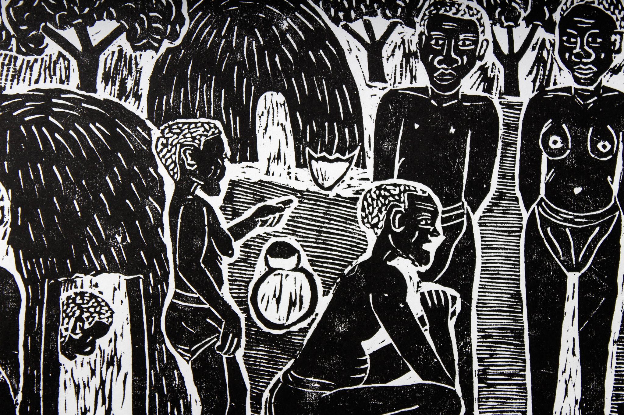 Did you take a time to know him, Elia Shiwoohamba, Linoleum block print on paper For Sale 1