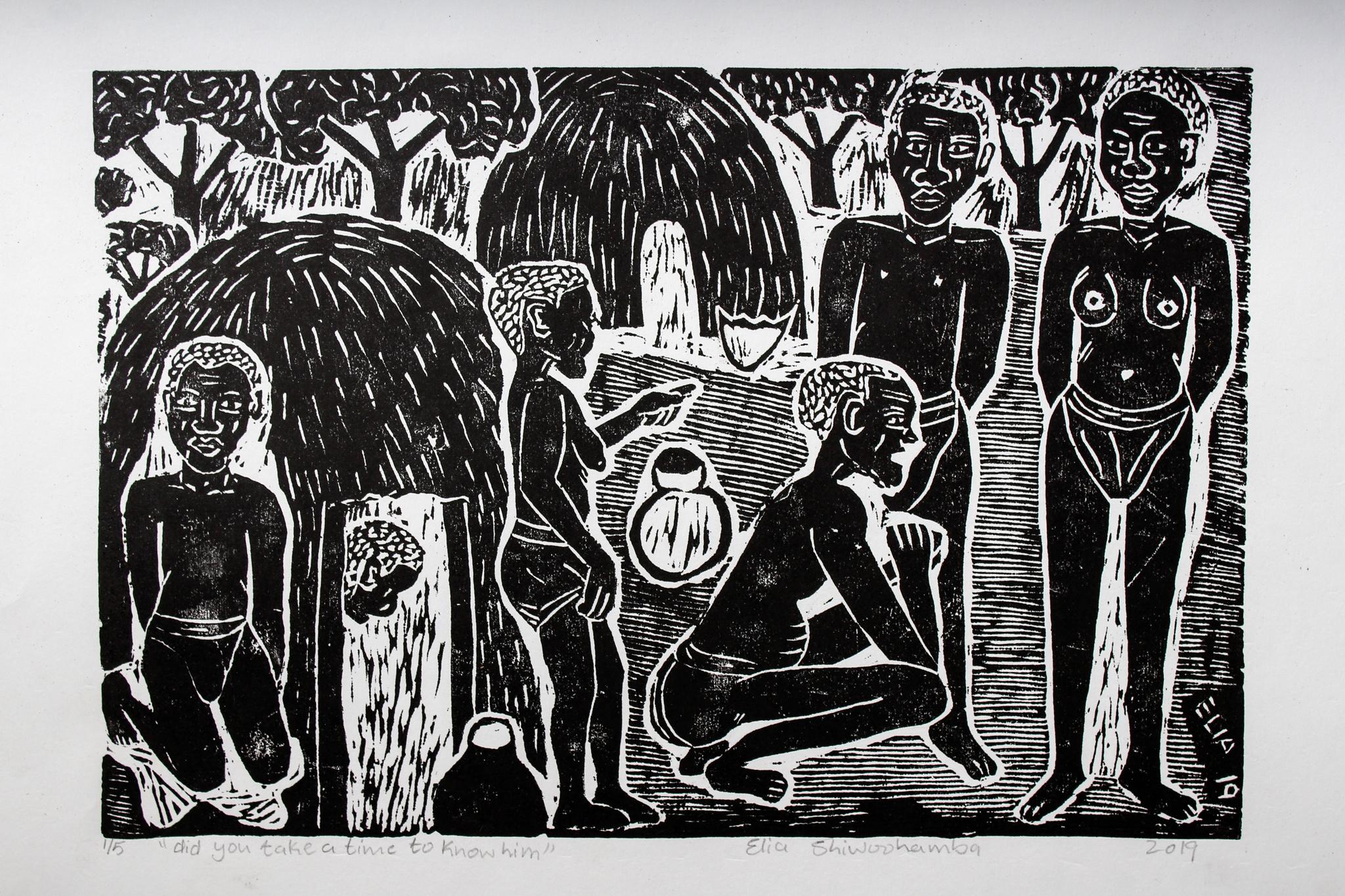 Did you take a time to know him, Elia Shiwoohamba, Linoleum block print on paper For Sale 2