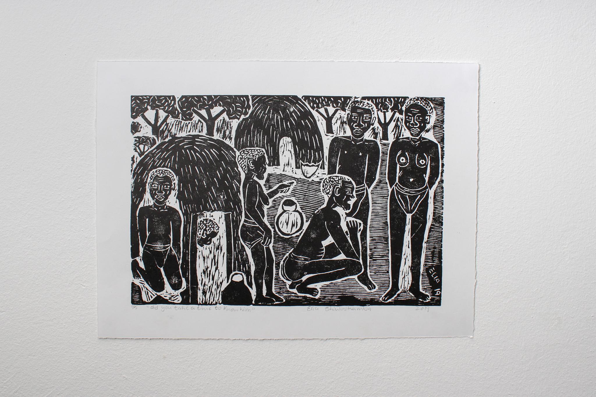 Did you take a time to know him, 2019. Linoleum block print on paper. Edition of 5

Elia Shiwoohamba was born in 1981 in Windhoek, Namibia. He graduated from the John Muafangejo Art Centre in Windhoek in 2006. Specialising in printmaking and