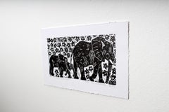 Elephant and family, Elia Shiwoohamba, Linoleum block print