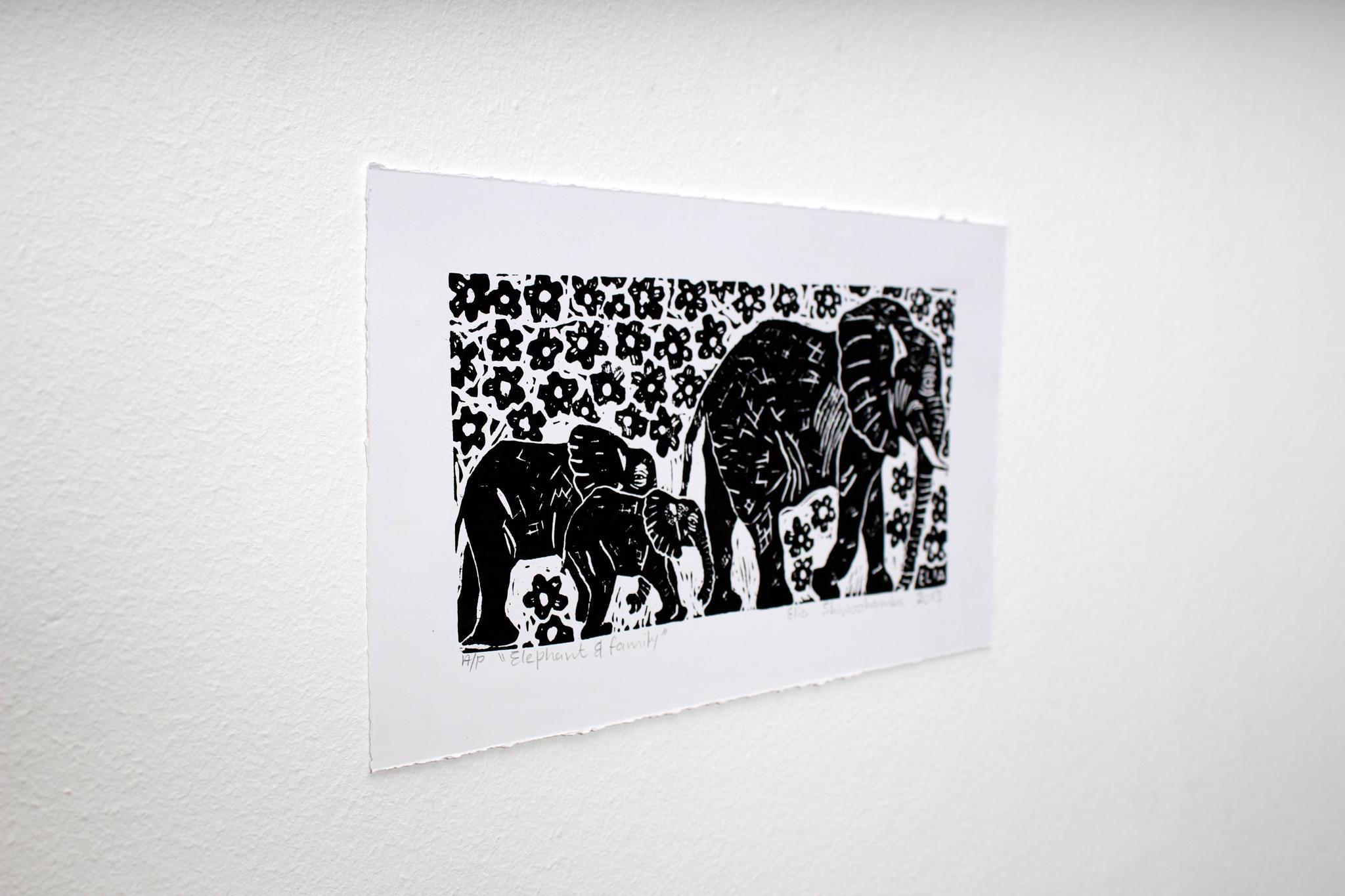 Elephant and family, Elia Shiwoohamba, Linoleum block print For Sale 2