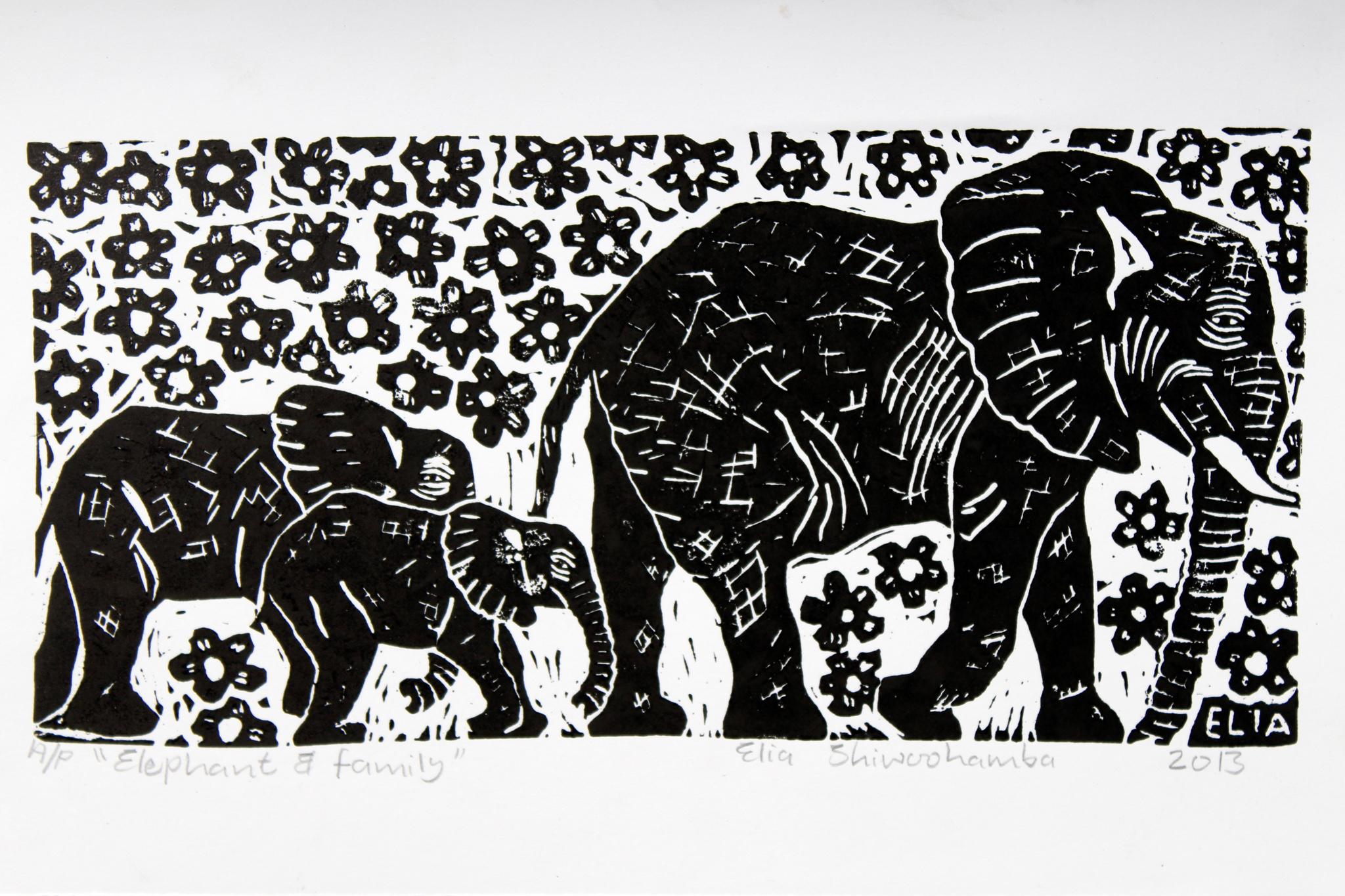 Elephant and family, Elia Shiwoohamba, Linoleum block print For Sale 1