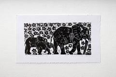Elephant and family, Elia Shiwoohamba, Linoleum block print