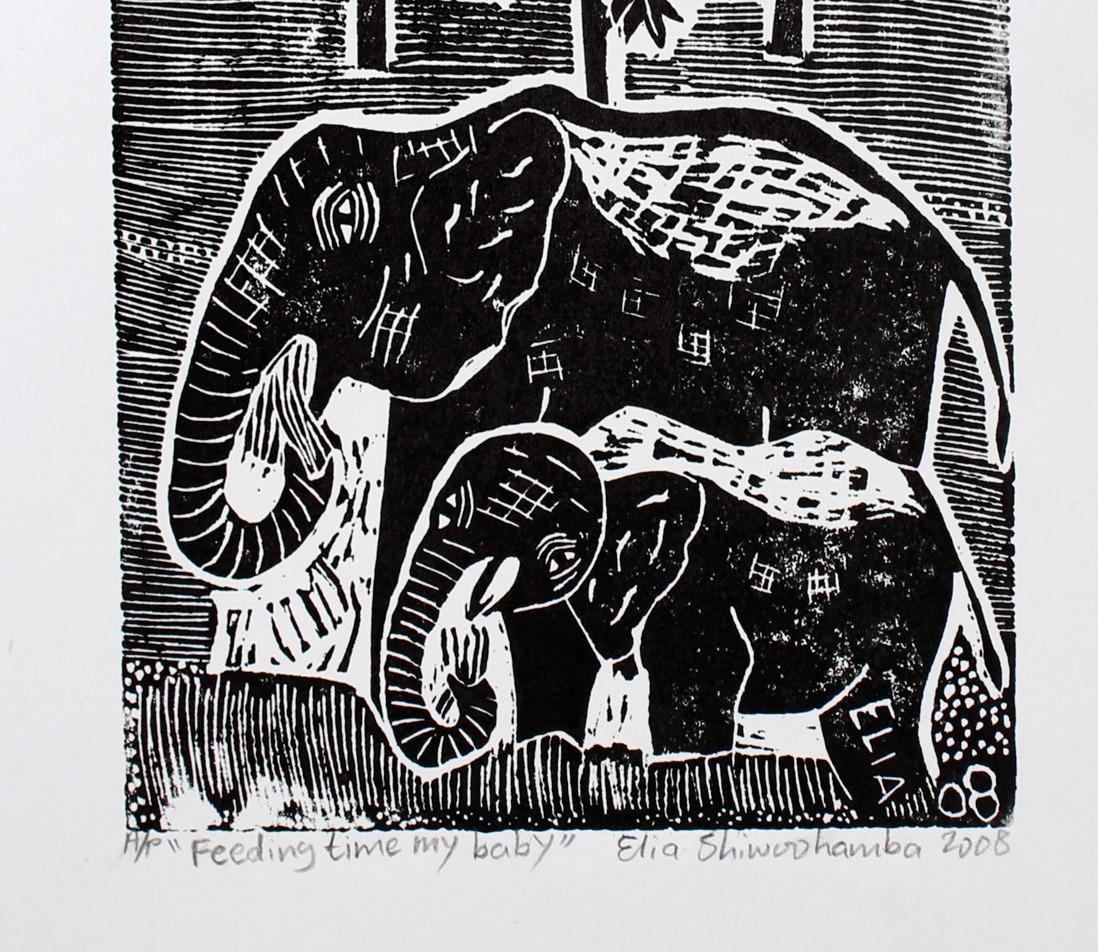 Feeding time my baby, Linoleum block prints on paper.

Elia Shiwoohamba was born in 1981 in Windhoek, Namibia. He graduated from the John Muafangejo Art Centre in Windhoek in 2006. Specialising in printmaking and sculpture, Shiwoohamba works as a